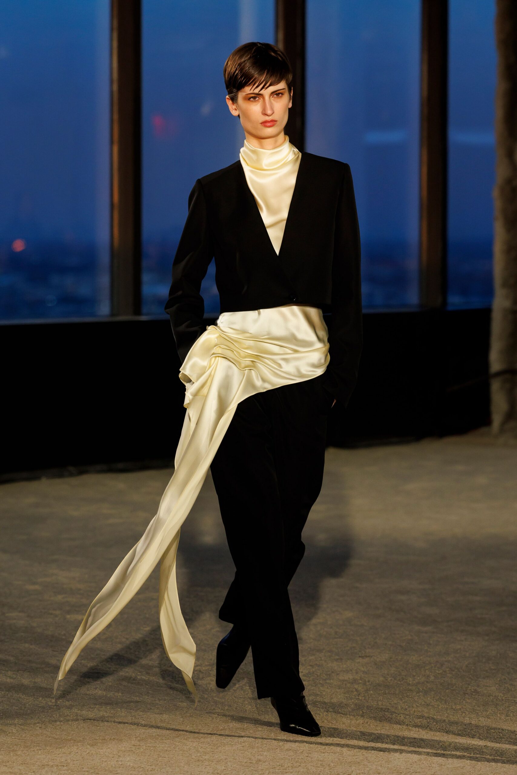 black silk long-sleeve v-neck fitted layered belted jumpsuit