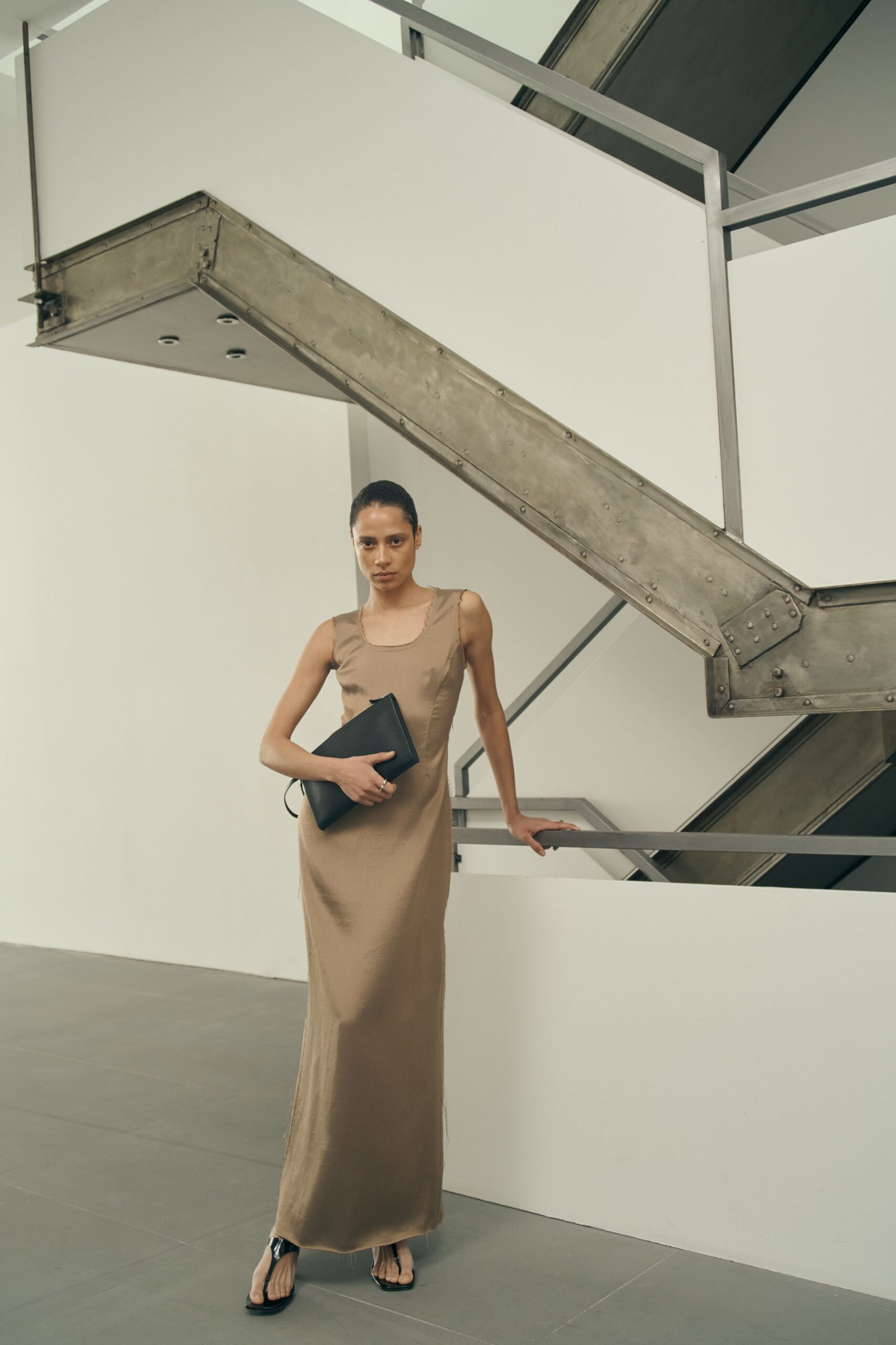 beige silk sleeveless gown