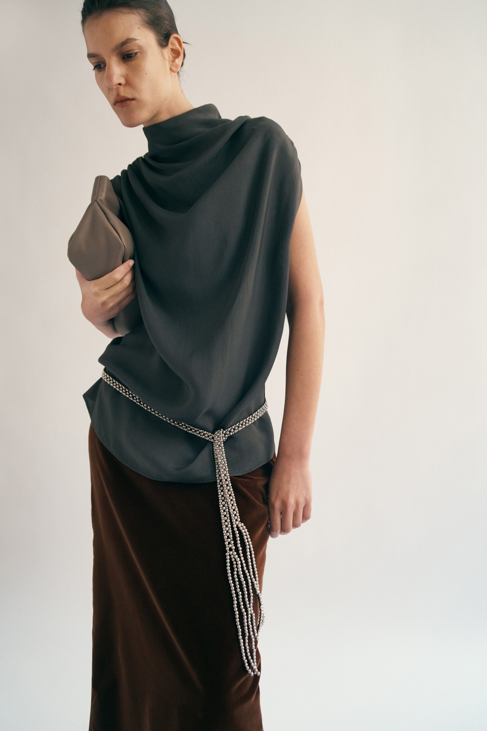 gray silk top with brown velvet skirt