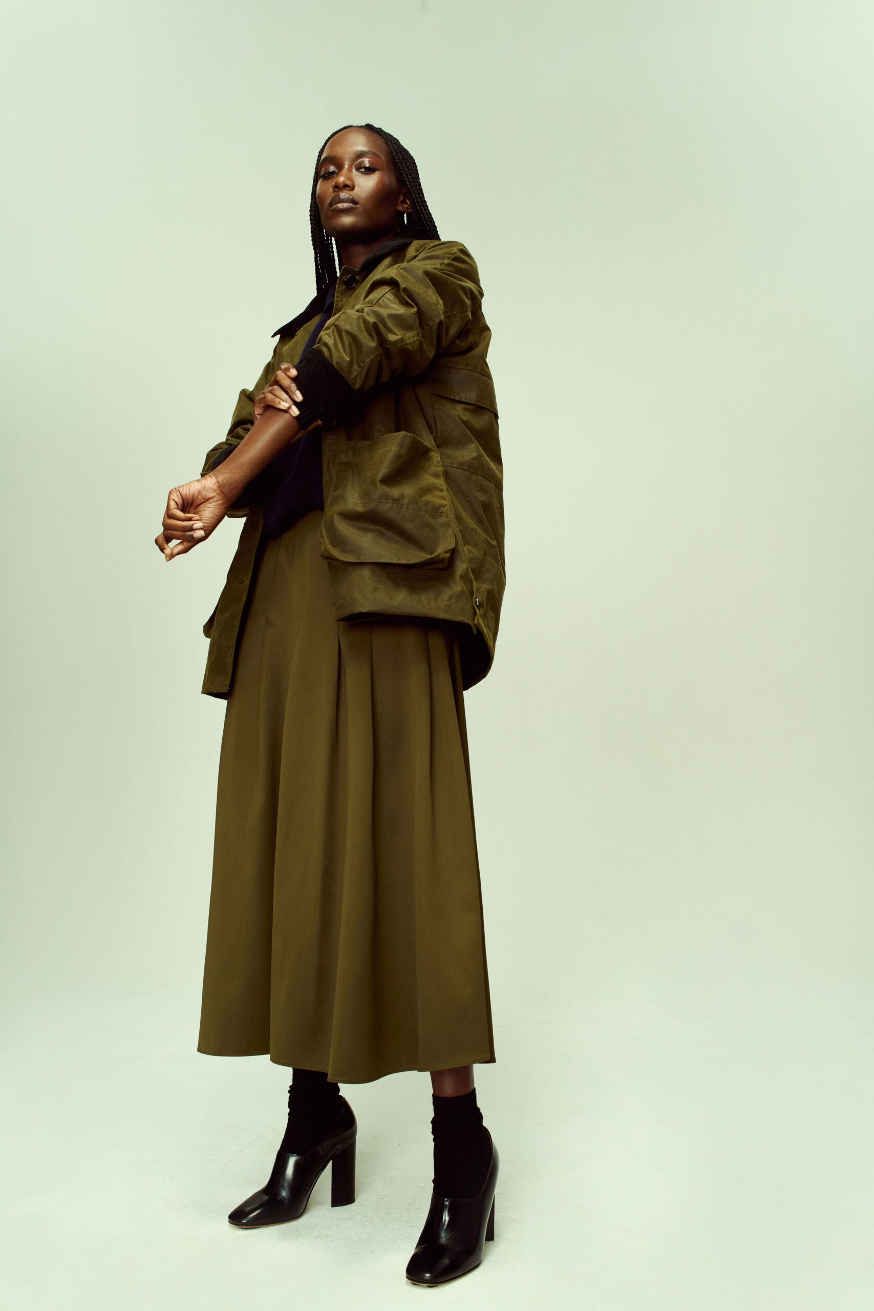 green relaxed jacket with midi skirt
