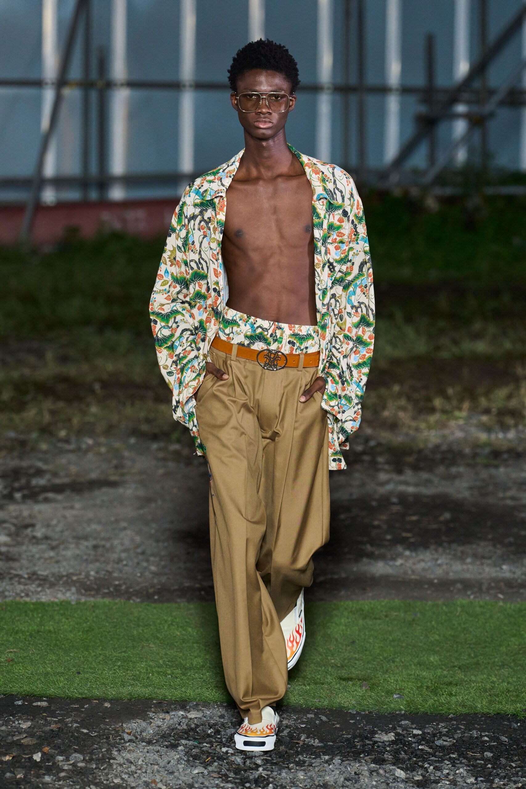 multi-colored relaxed shirt with beige pants