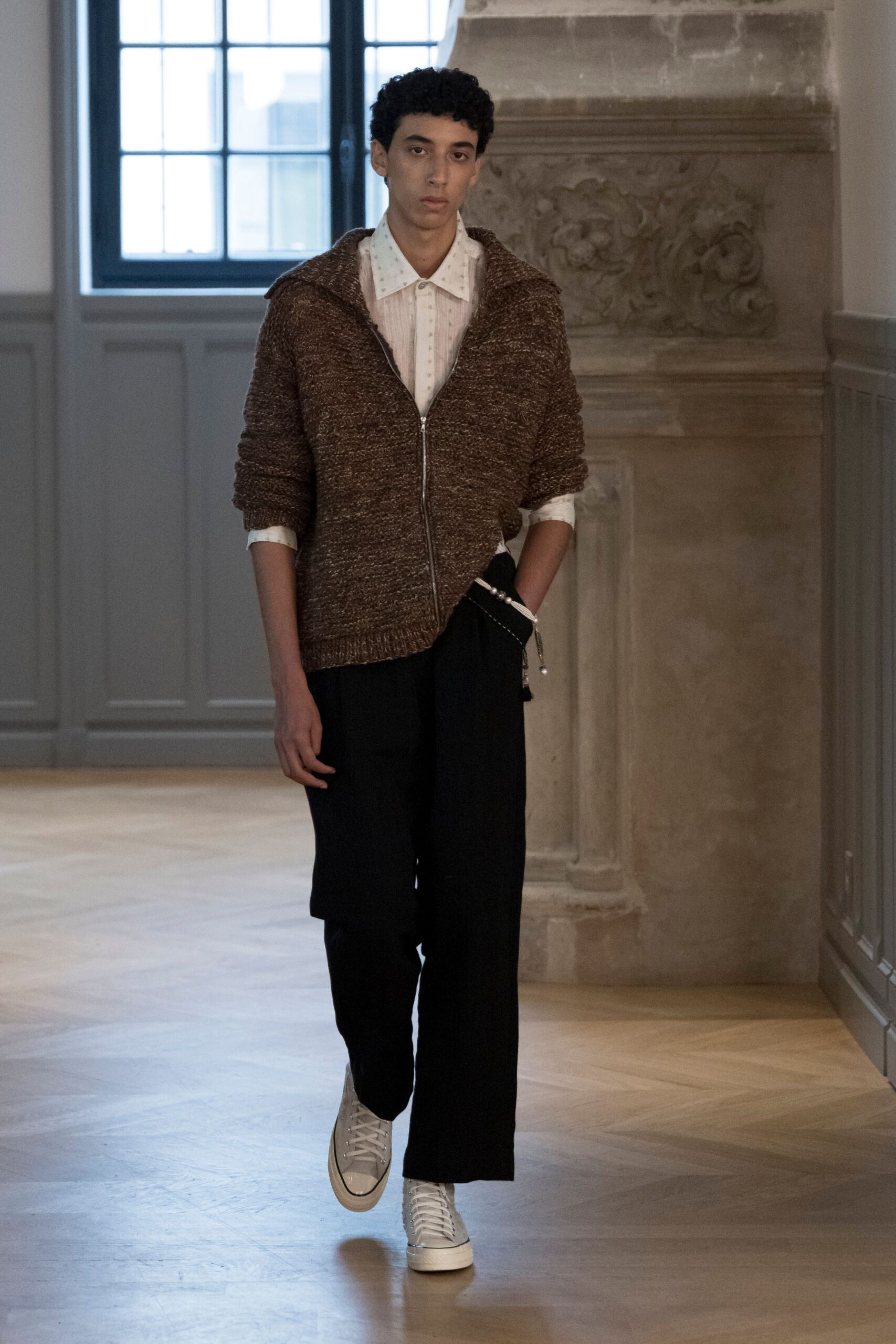 brown wool long-sleeve collared relaxed zippered sweater