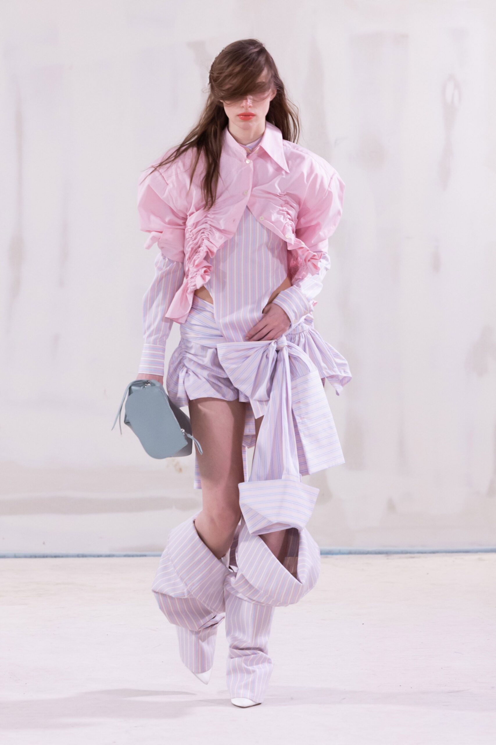pink long-sleeve collared fitted striped ruffled shirt