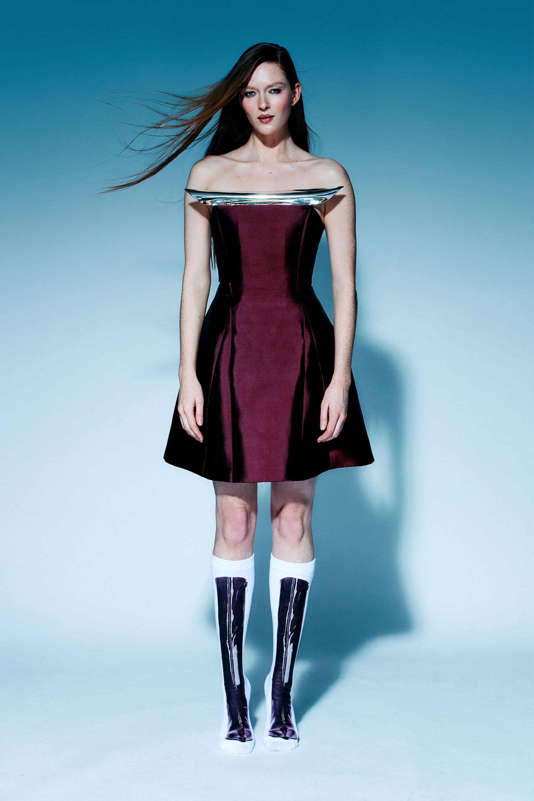 maroon silk strapless fitted a-line shiny mini dress