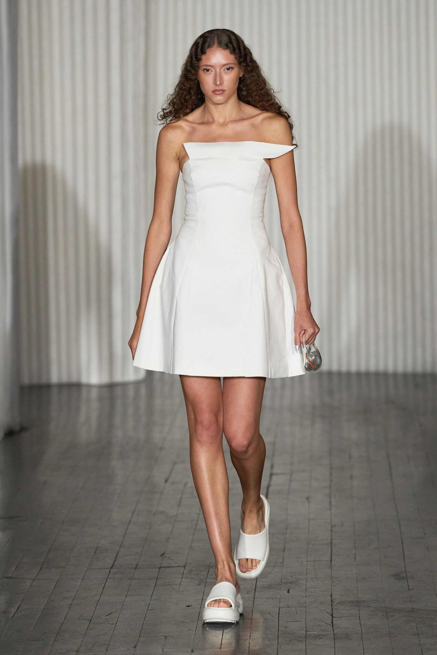 white cotton sleeveless off-shoulder fitted a-line mini dress