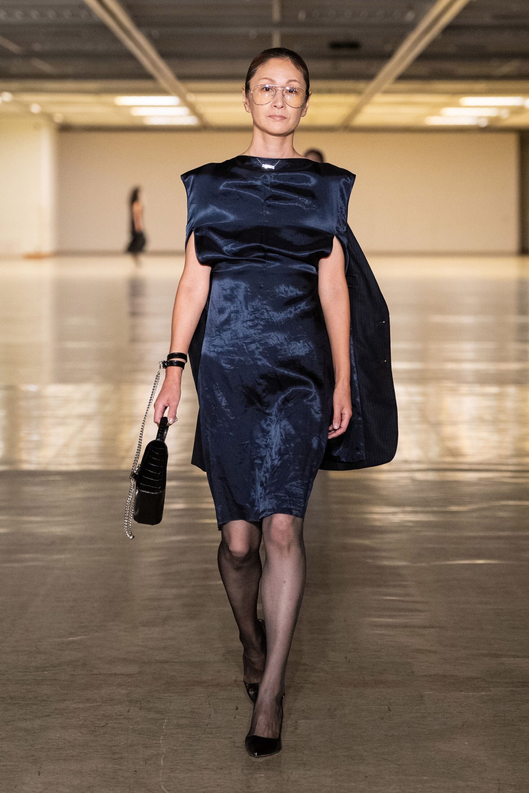 blue silk sleeveless high-neck fitted draped shiny dress