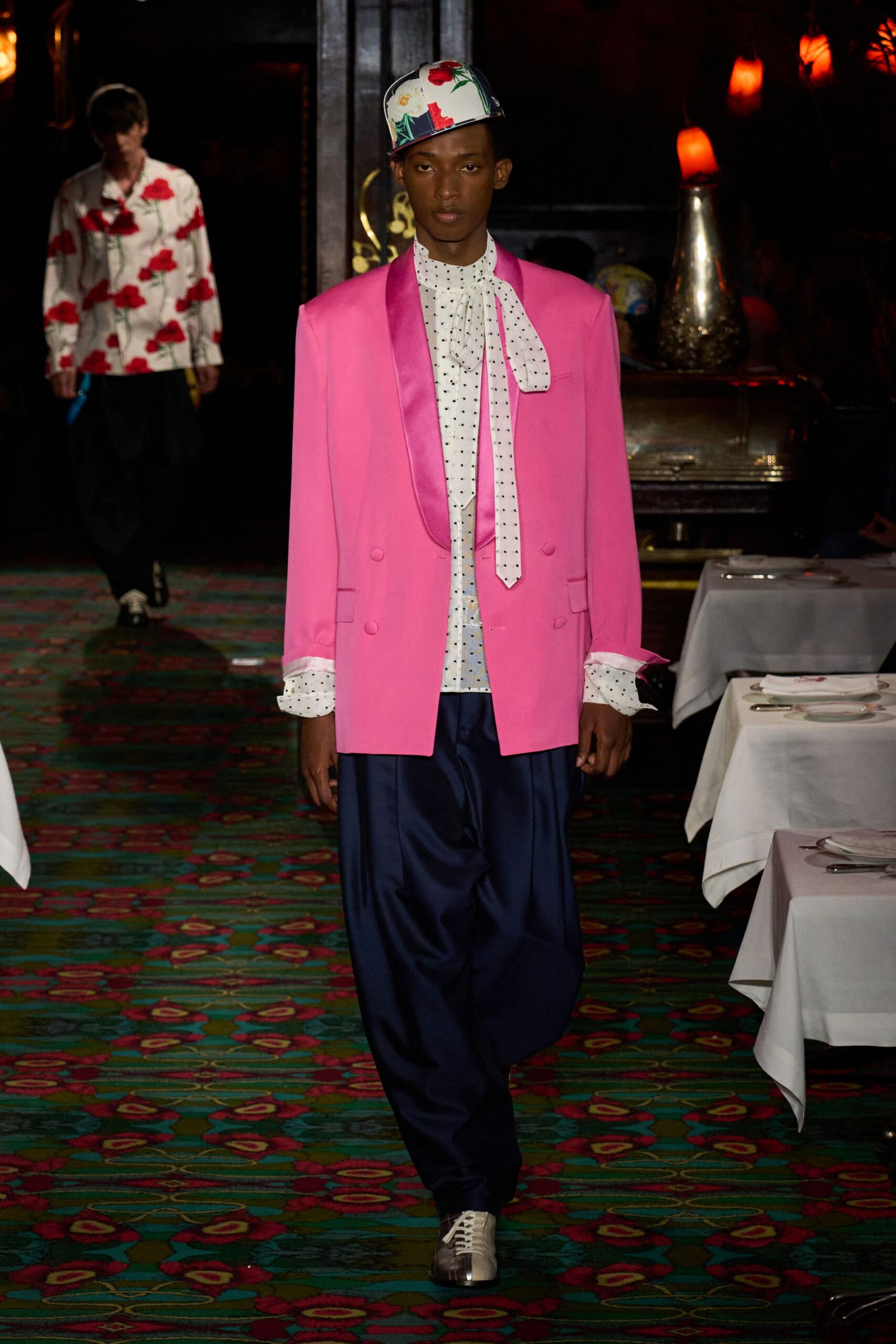 pink tailored blazer with polka-dot shirt