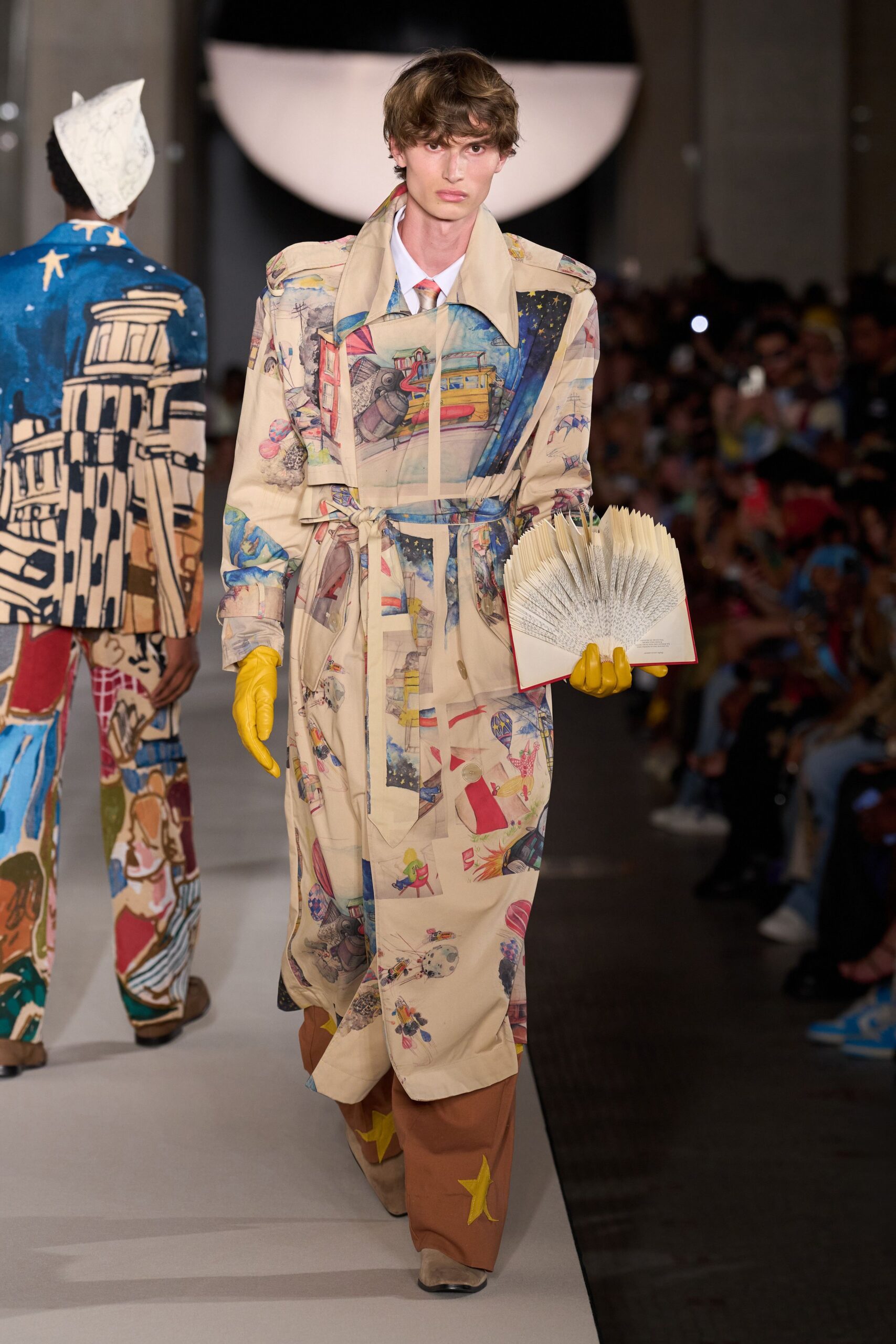 beige cotton long-sleeve collared relaxed belted printed trench