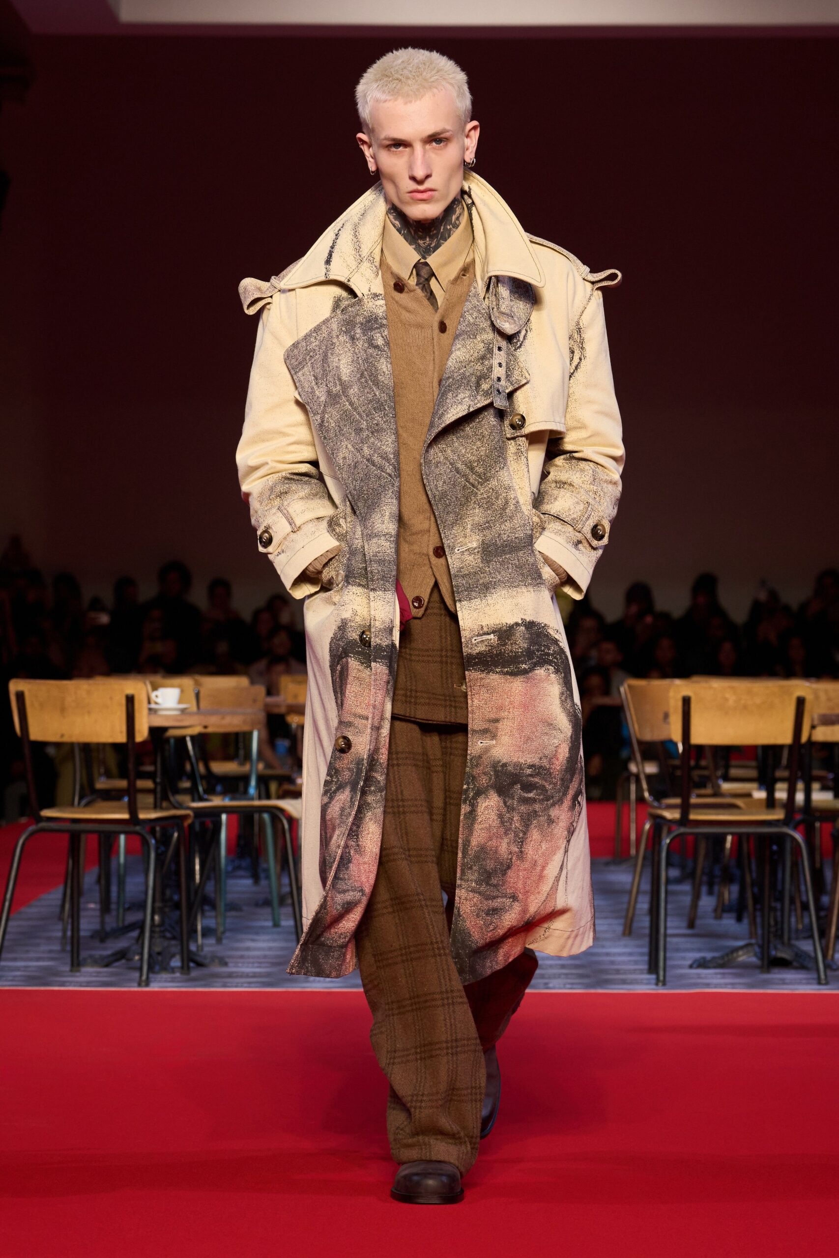 beige cotton long-sleeve collared relaxed buttoned printed coat