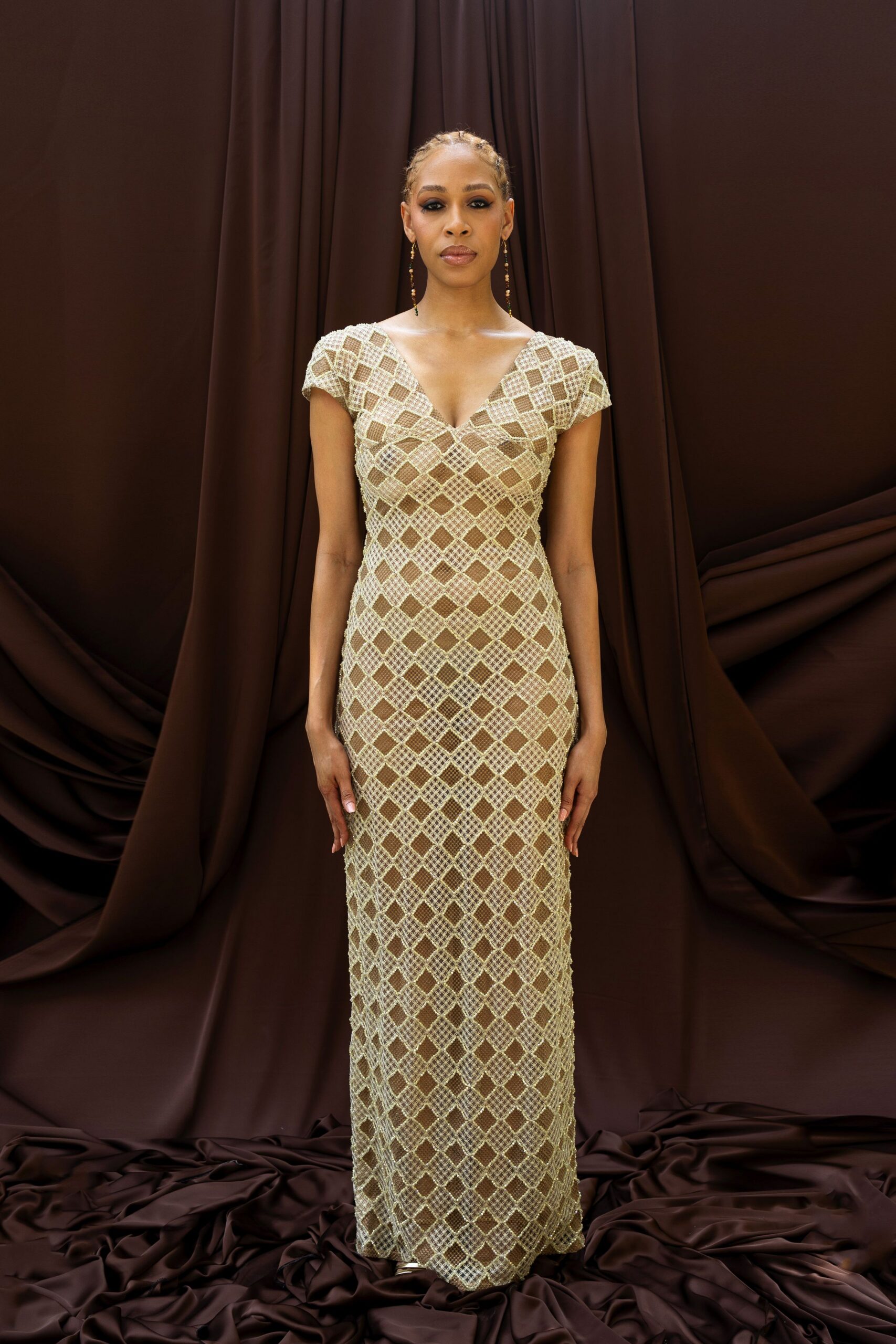 beige lace fitted gown