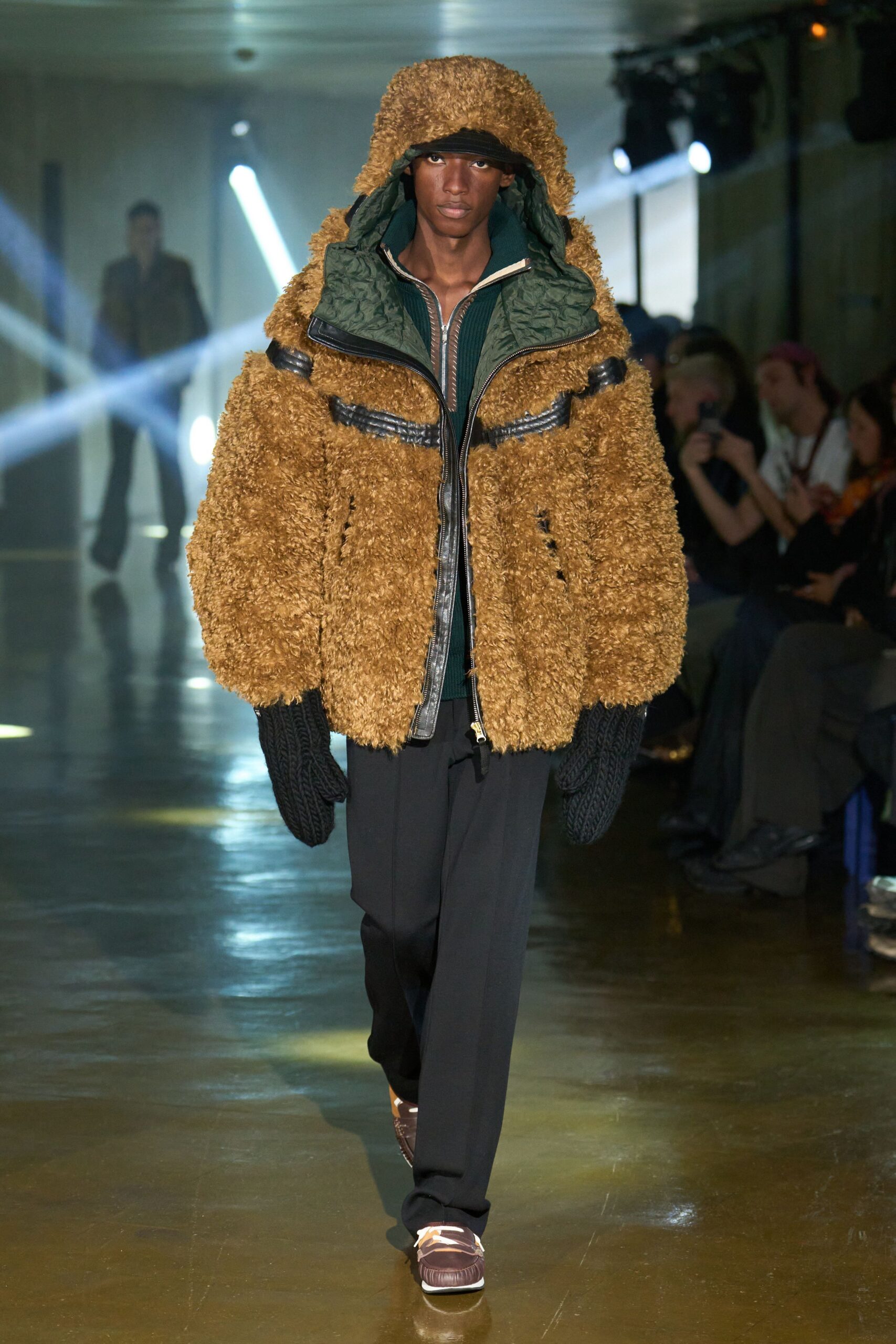 brown faux-fur jacket with green shirt