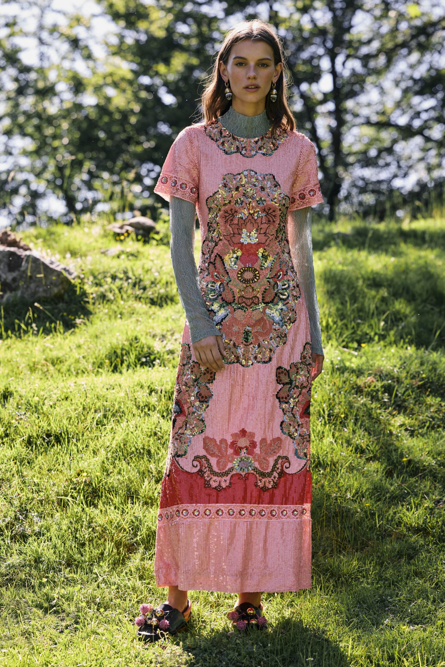 pink sequin short-sleeve v-neck fitted embroidered flared gown