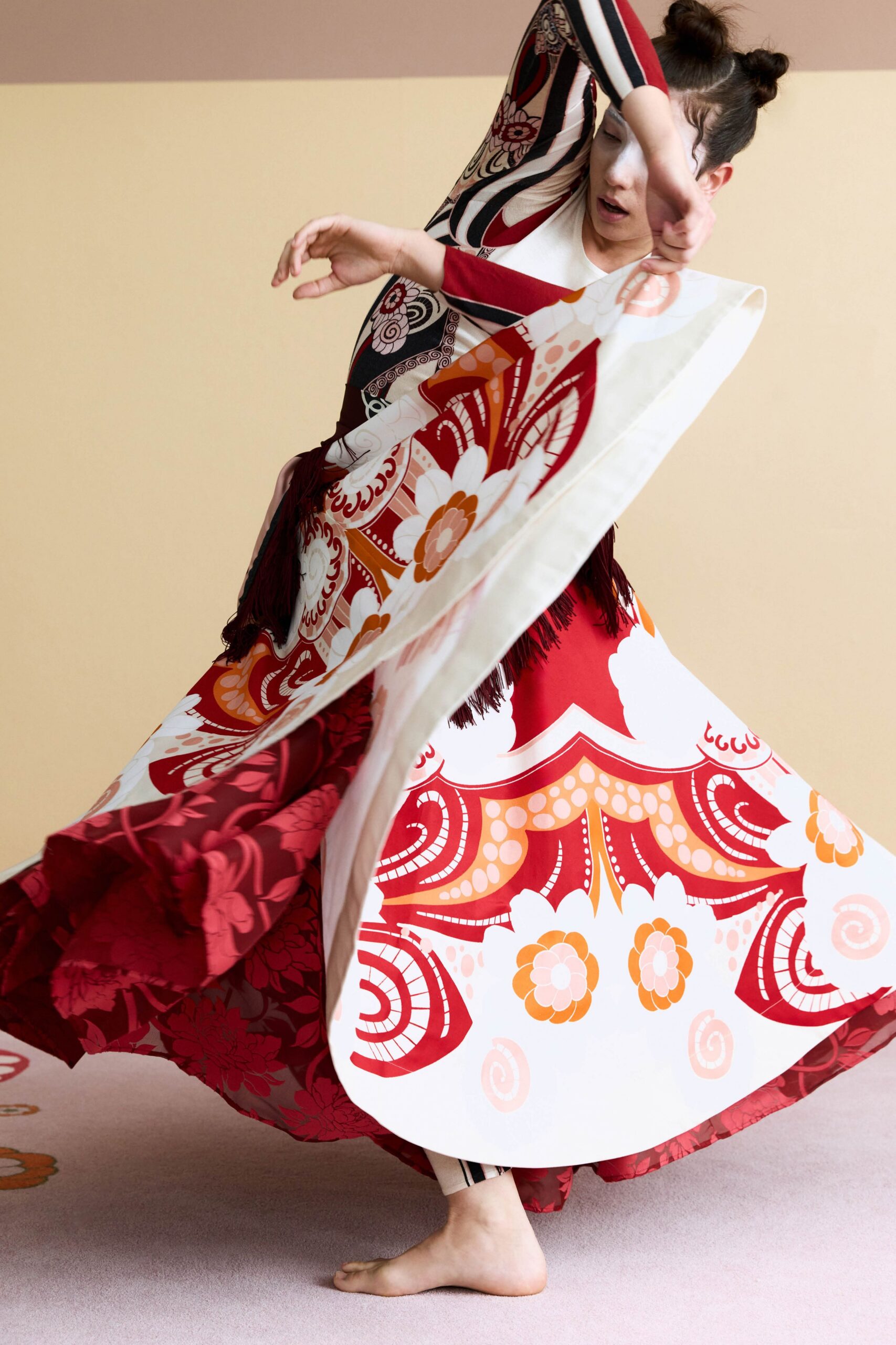 red and white printed maxi dress