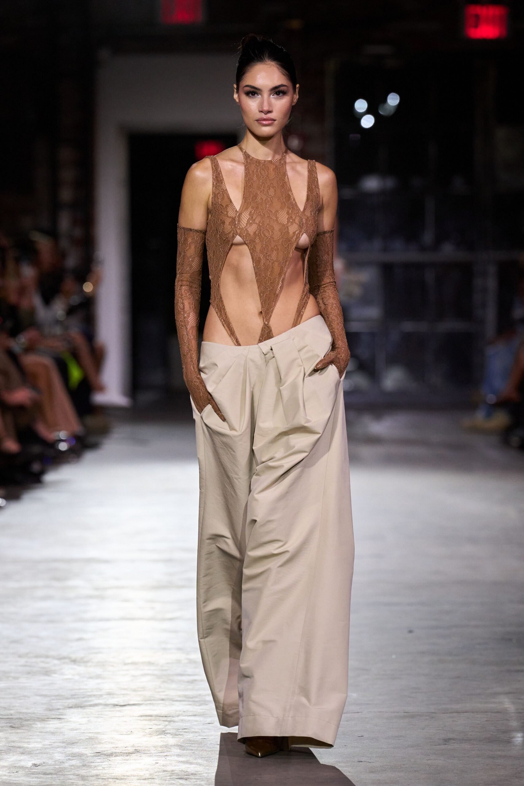 brown lace bodysuit beige pants