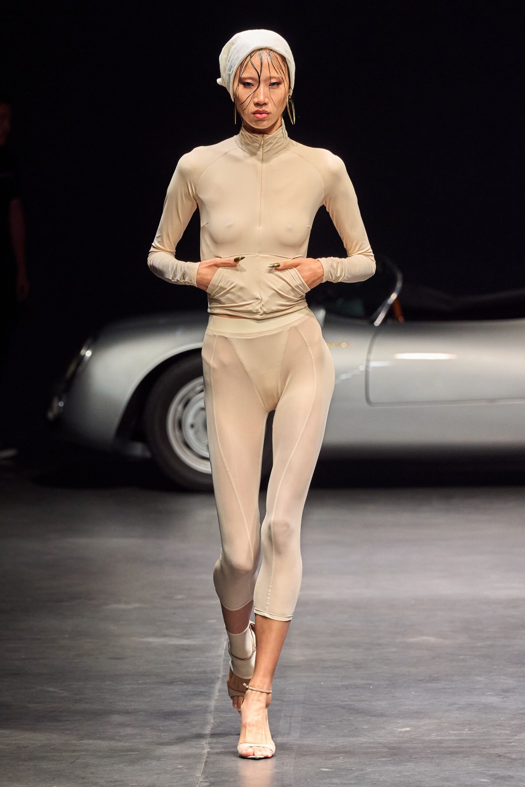 beige neoprene long-sleeve fitted zippered textured catsuit