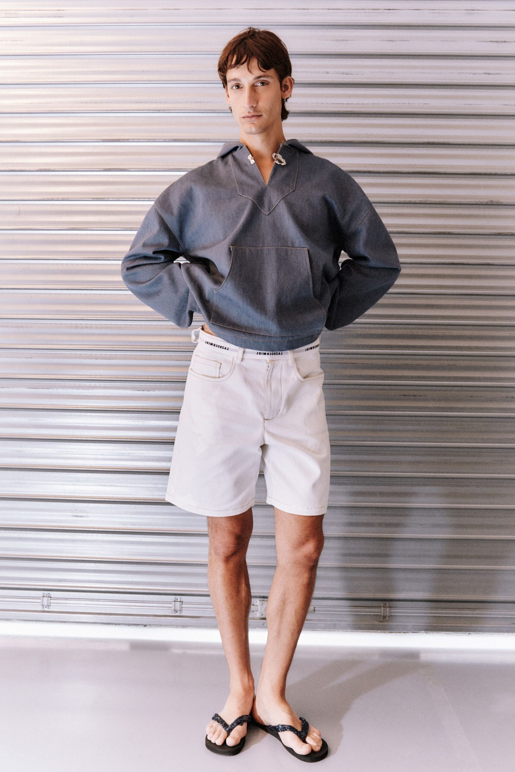 blue denim long-sleeve collared relaxed hoodie