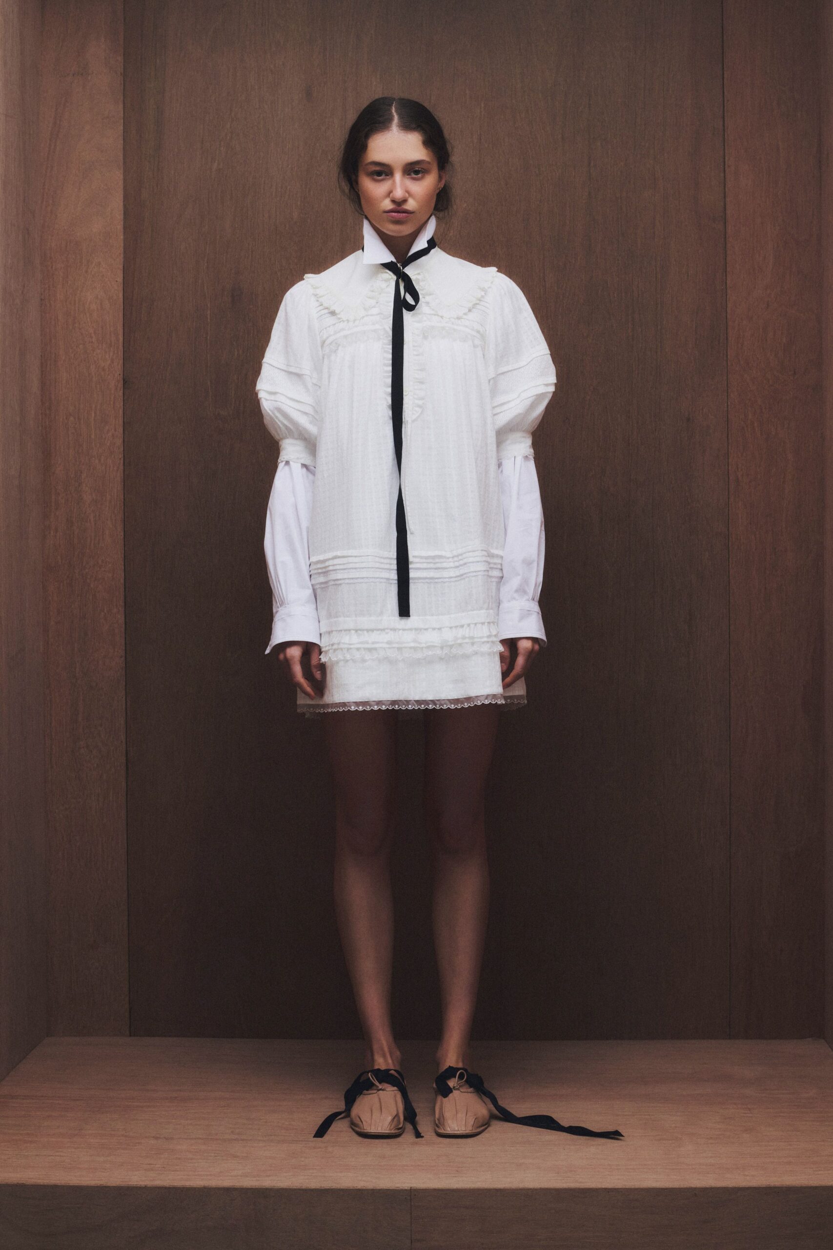 white cotton long-sleeve collared relaxed pleated mini dress