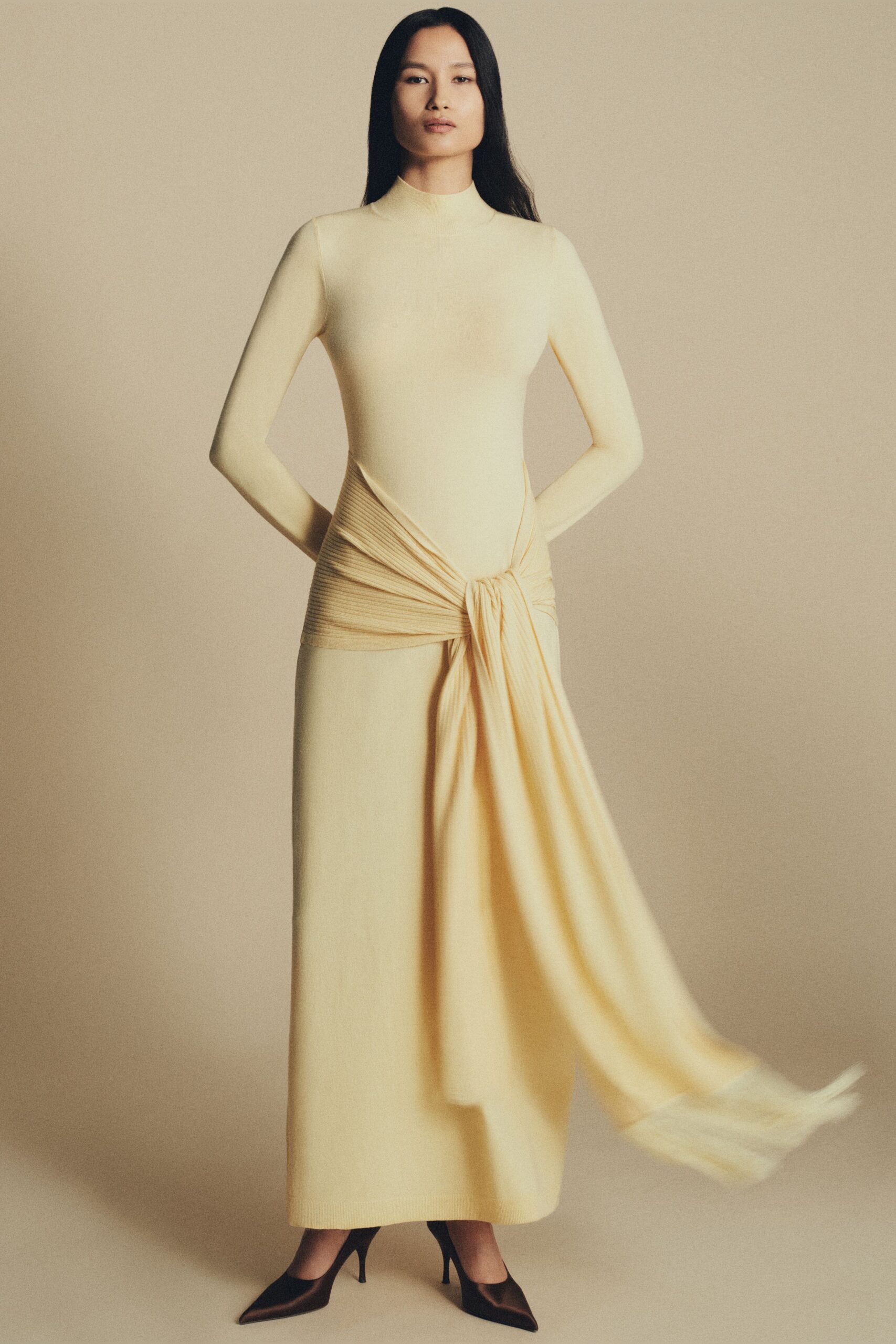 yellow fitted gown with draped detail