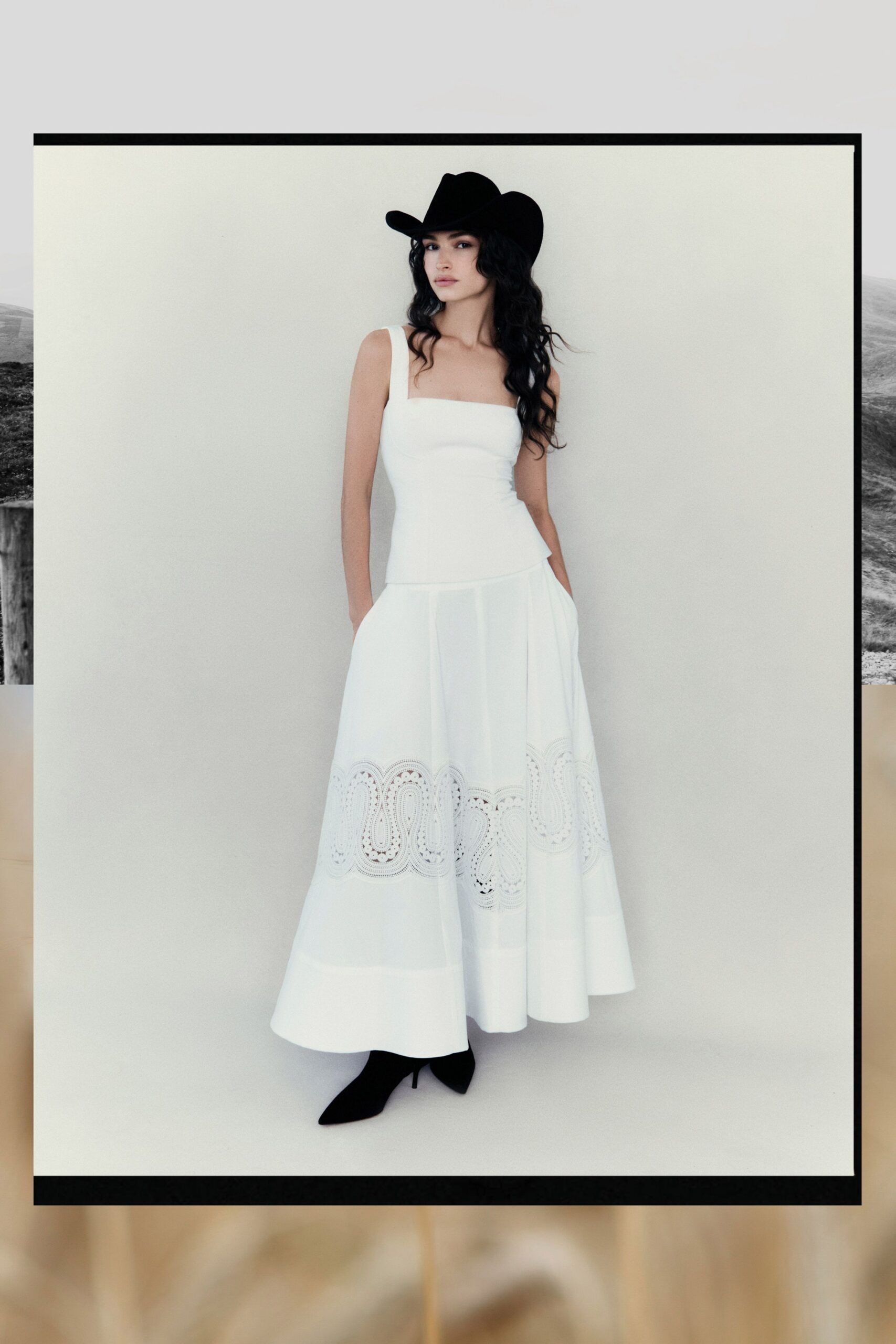 white maxi dress with black hat