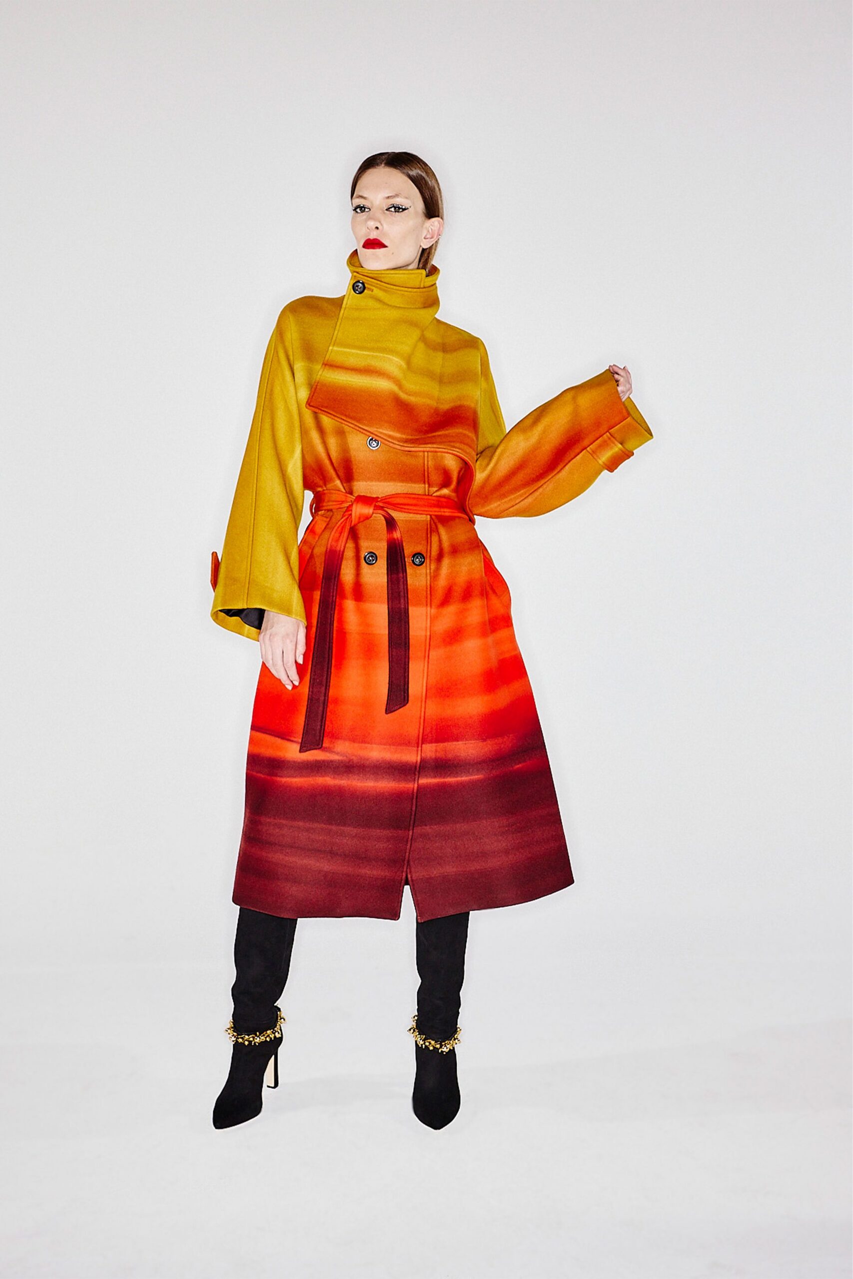 yellow silk long-sleeve collared relaxed color-blocked midi coat