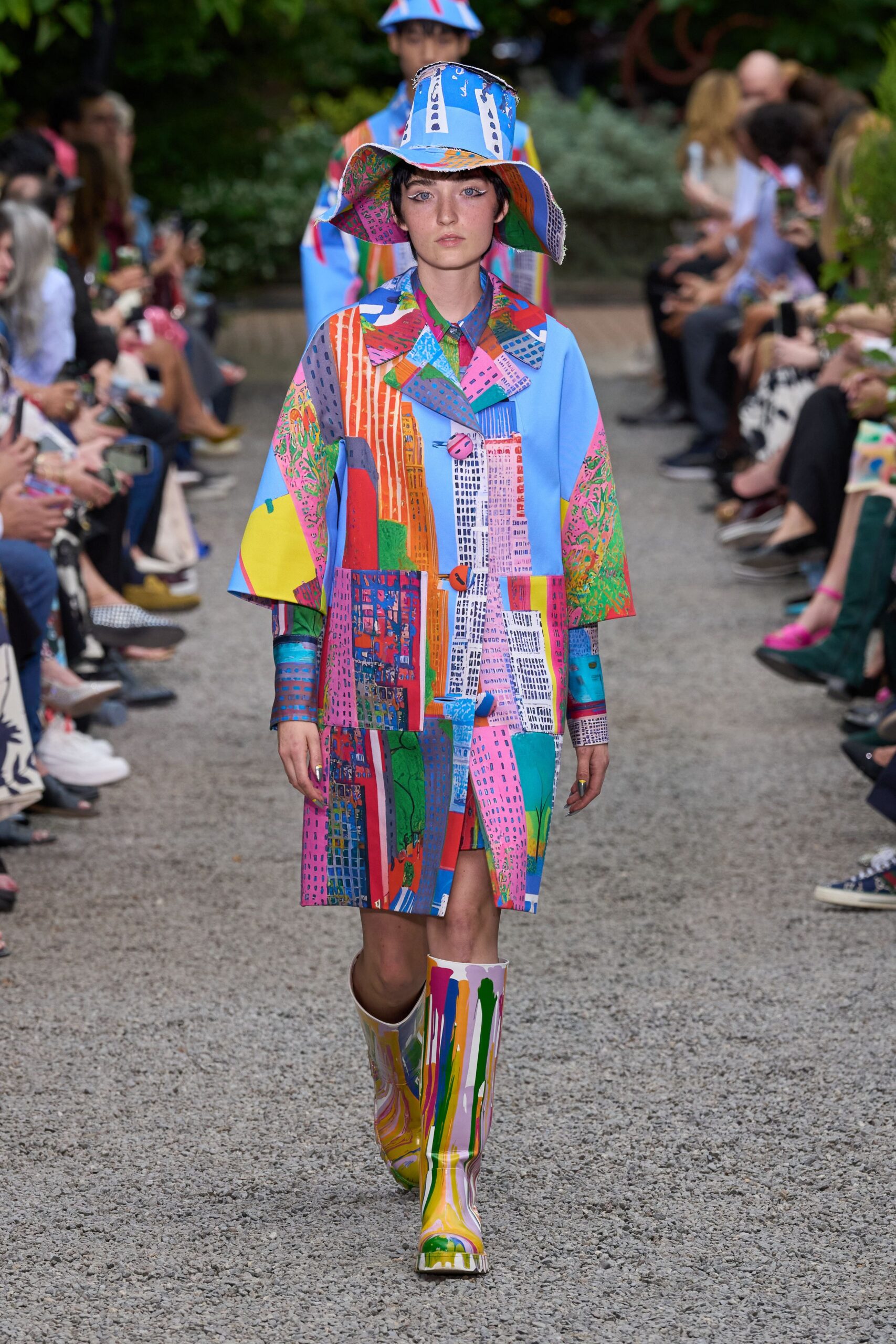 multi-colored coat hat boots