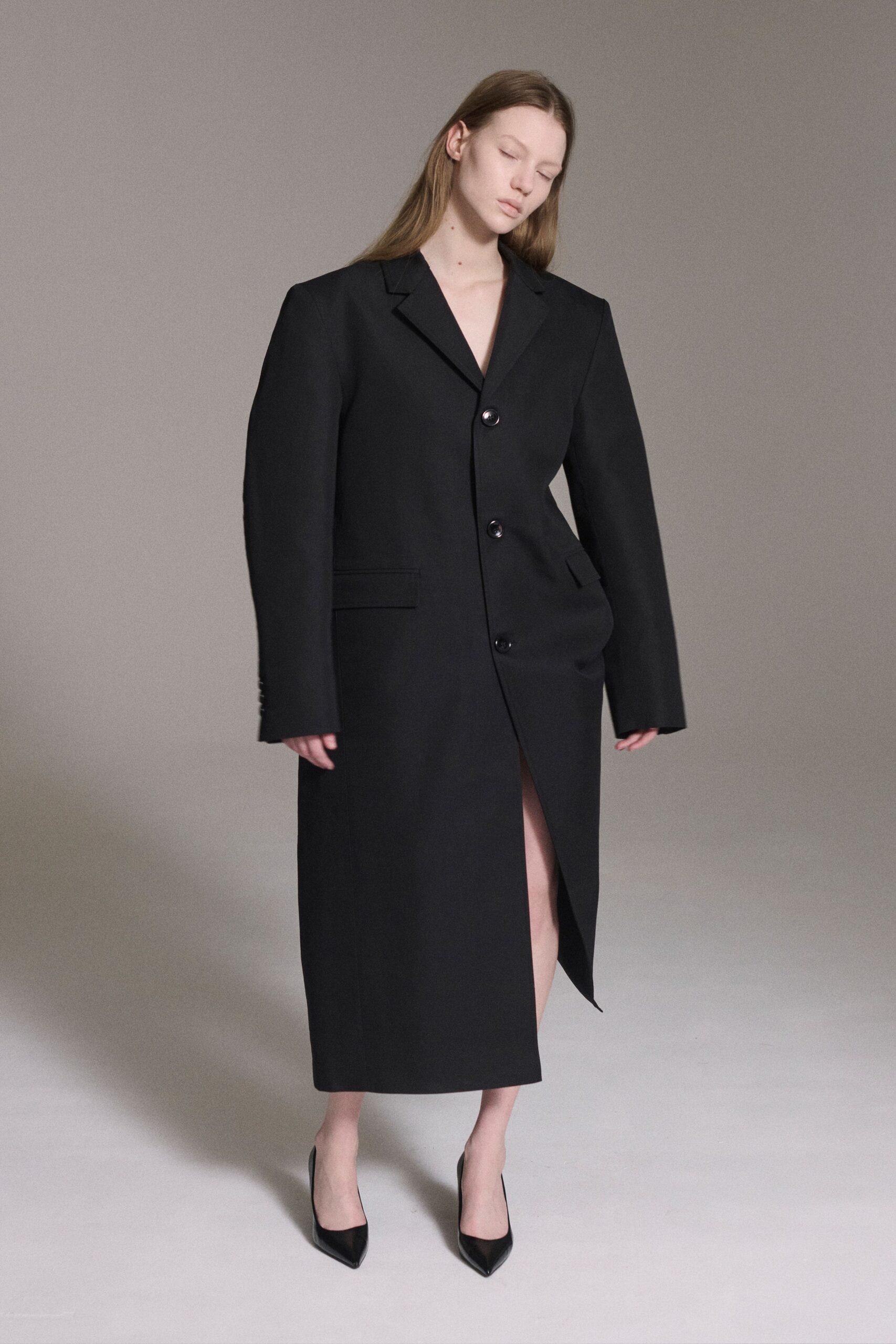 black wool long-sleeve v-neck oversized buttoned midi coat