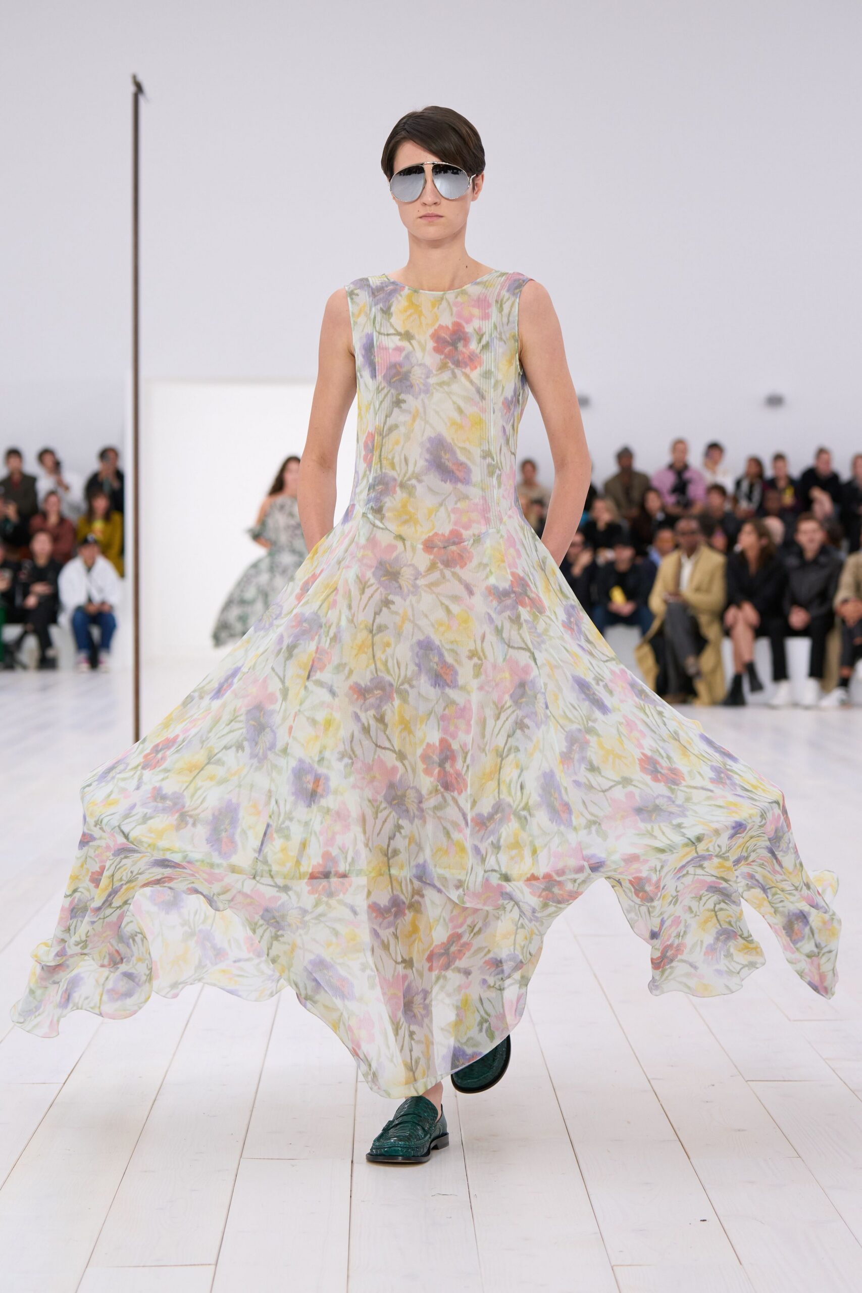yellow chiffon sleeveless collared fitted floral tiered dress
