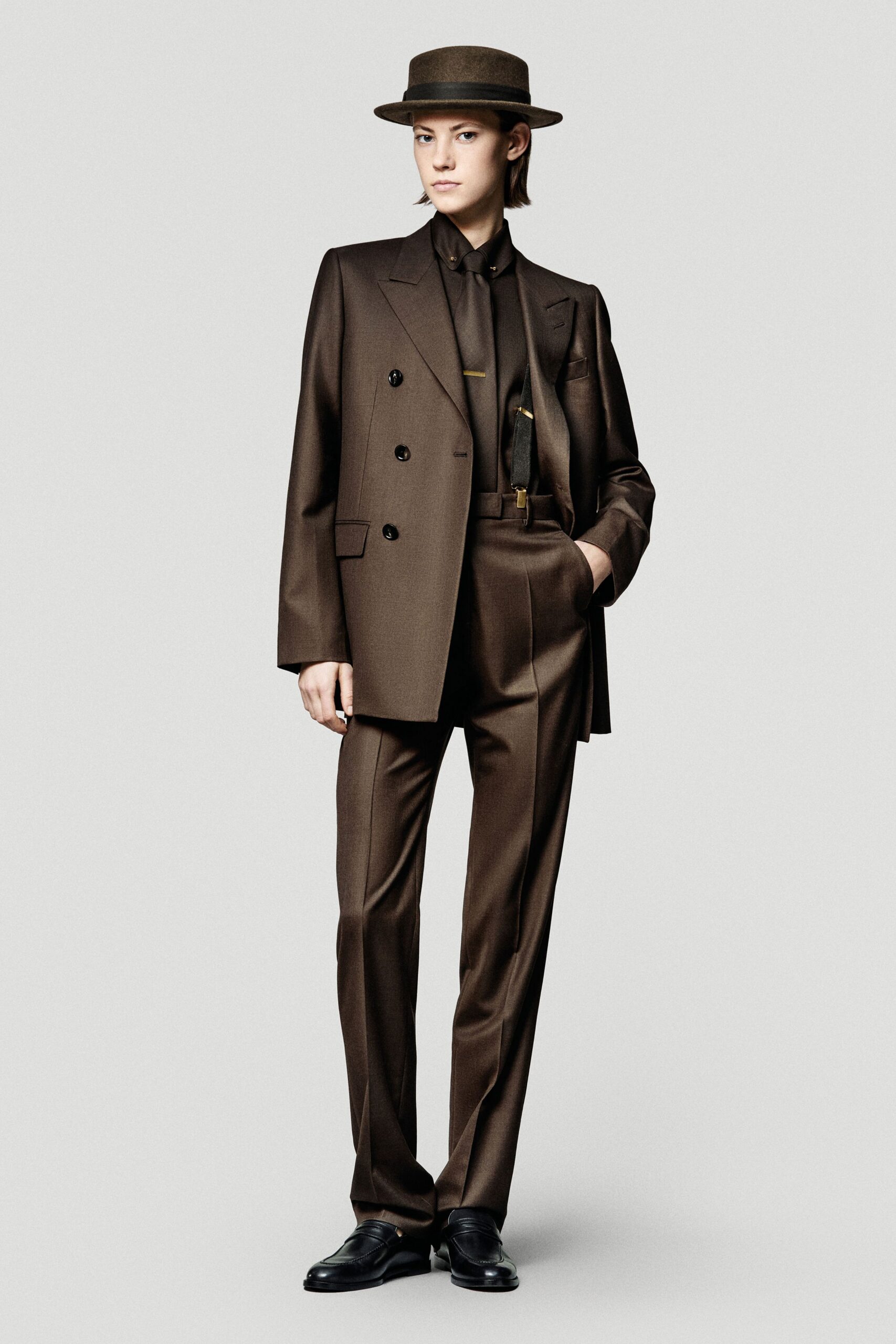brown silk long-sleeve collared tailored suit
