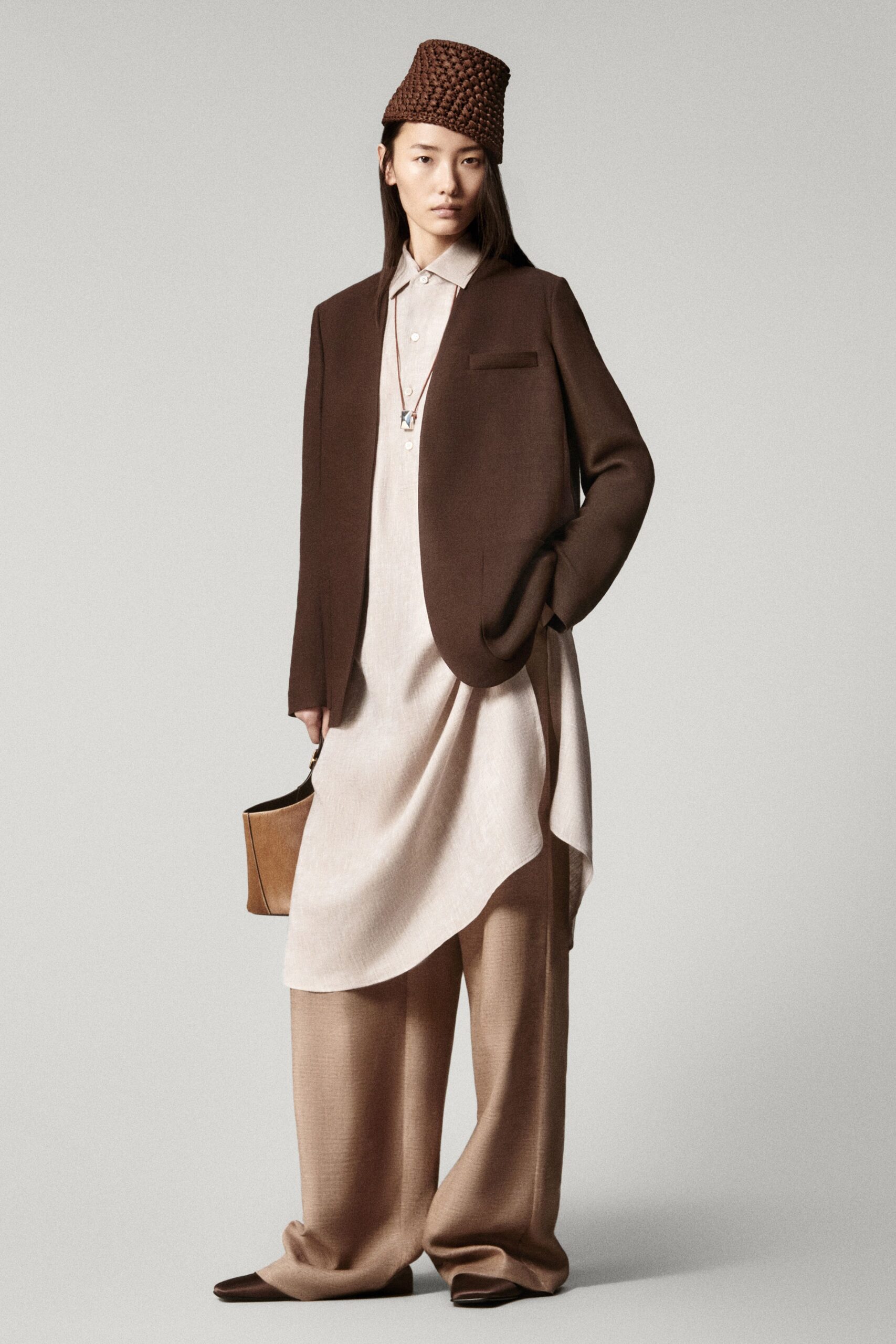 beige cotton long-sleeve collared relaxed midi shirt-dress