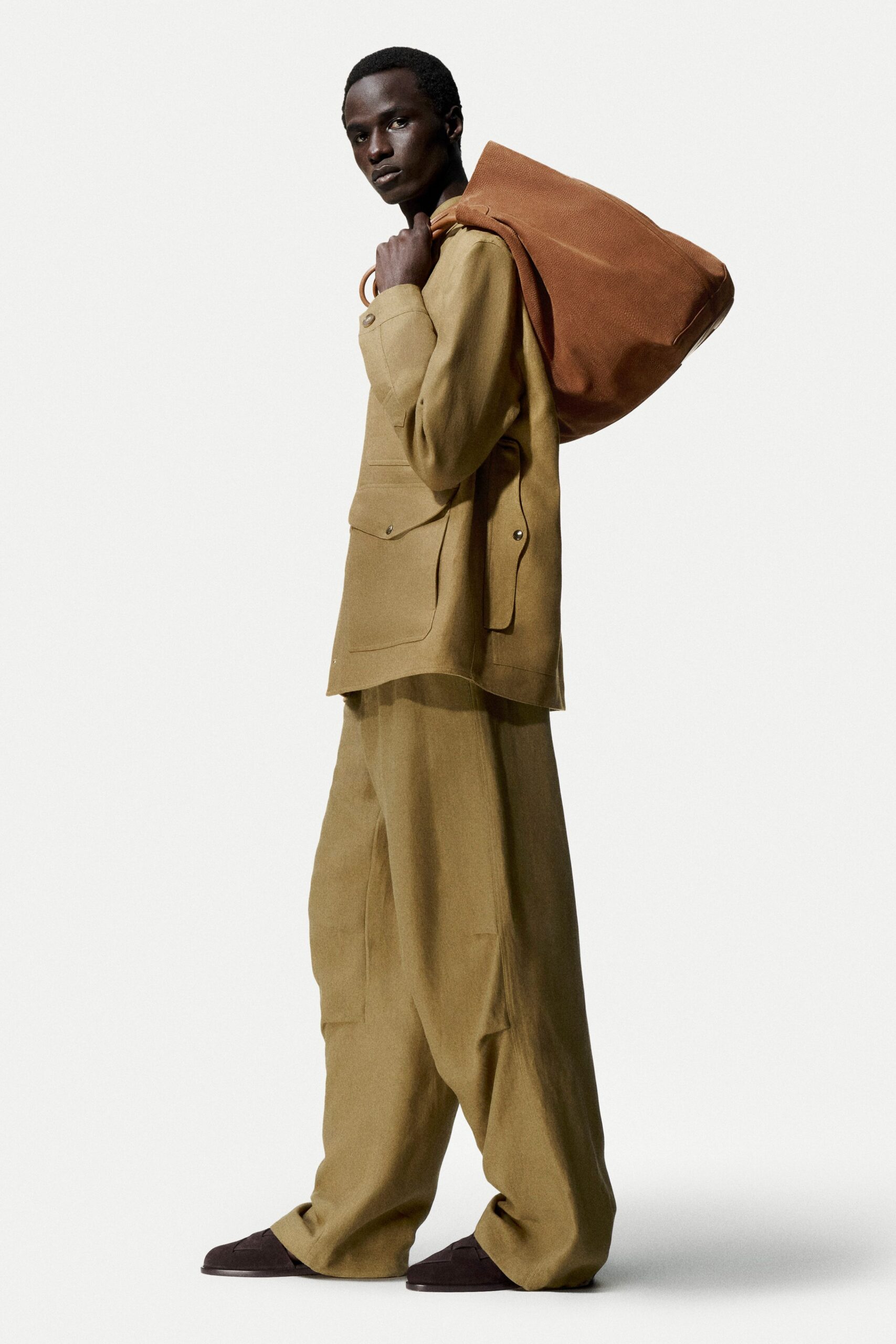 beige cotton long-sleeve collared relaxed pockets top