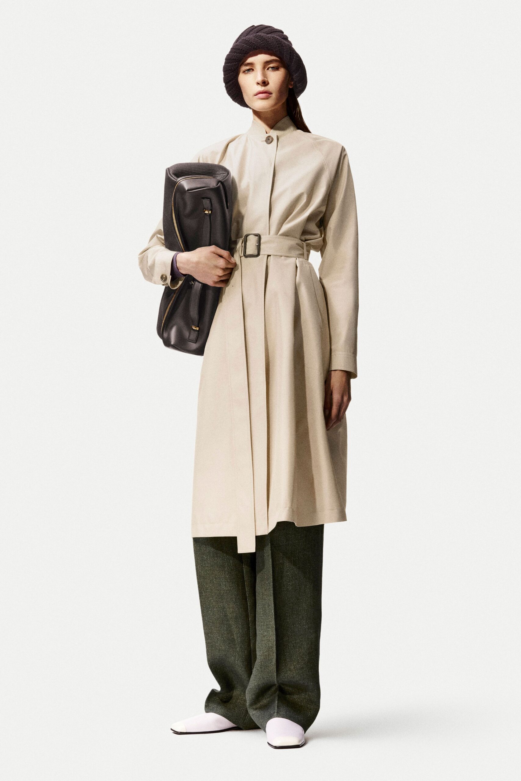 beige cotton long-sleeve collared relaxed belted buttoned shirt-dress