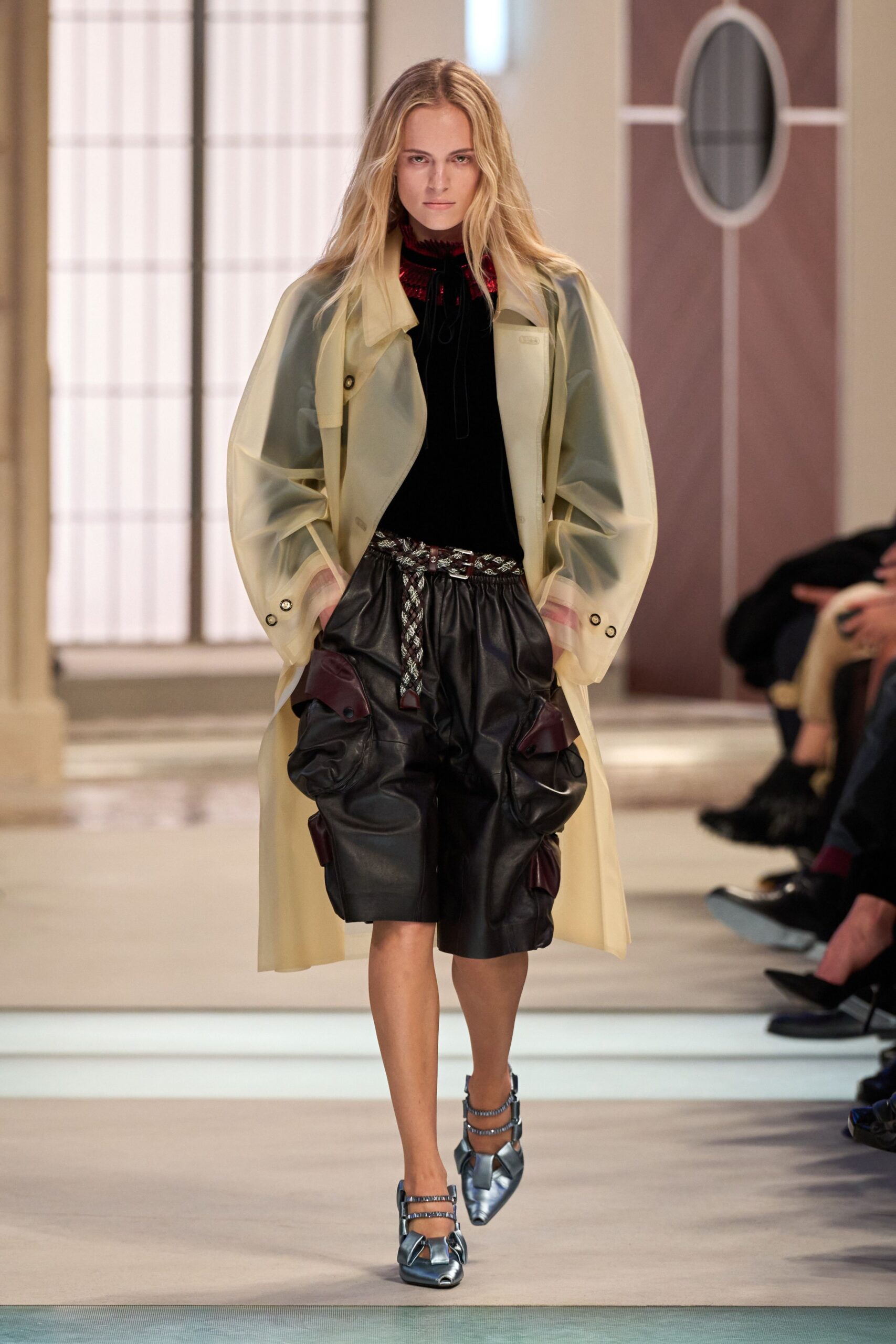 beige vinyl long-sleeve collared relaxed buttoned coat