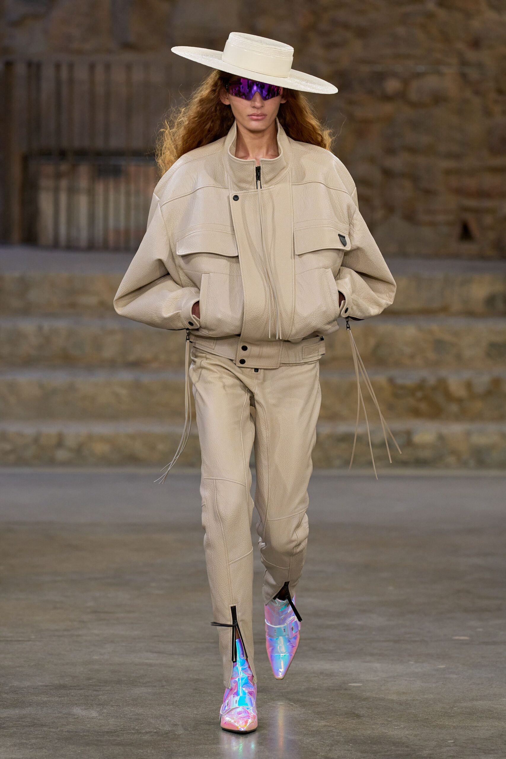 beige leather jacket and pants