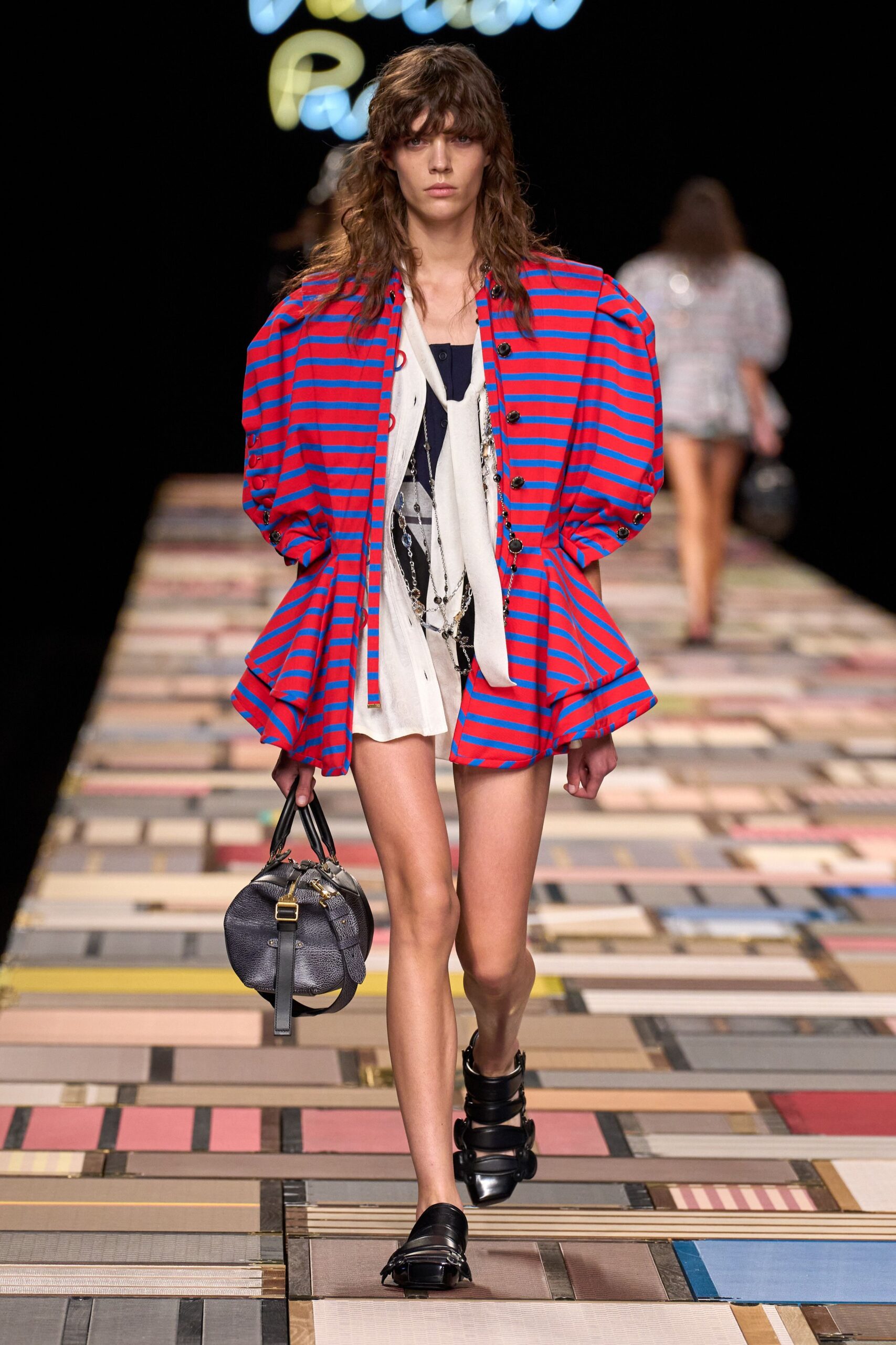 red long-sleeve collared oversized striped buttoned jacket