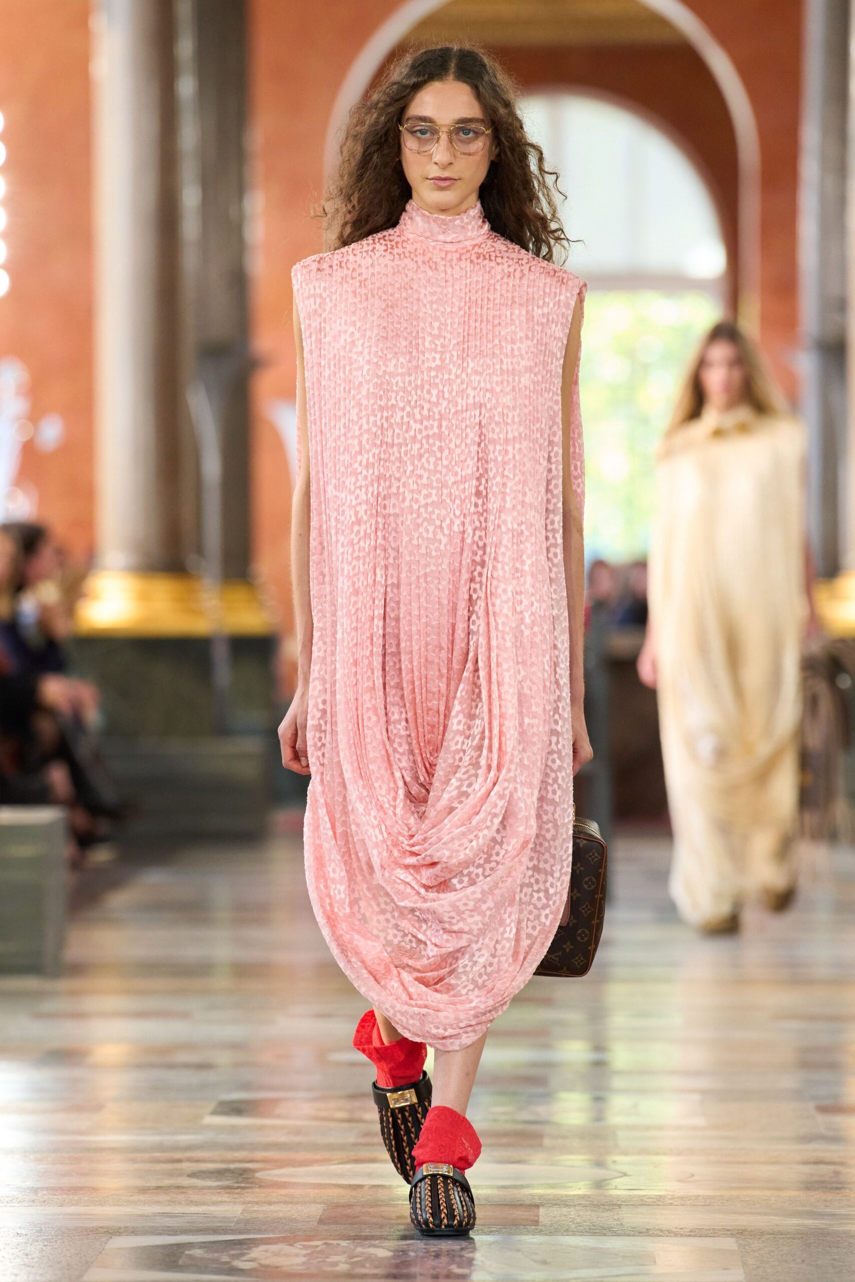 pink silk sleeveless high-neck relaxed draped midi dress