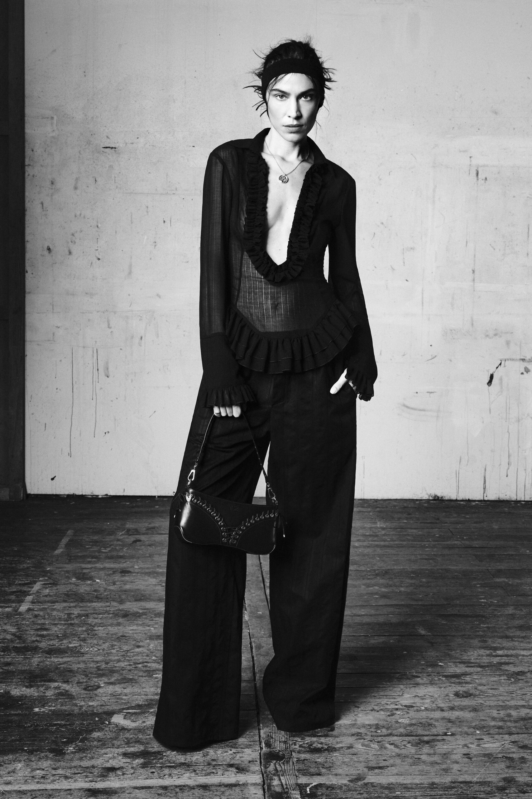 black silk long-sleeve v-neck relaxed ruffled sheer blouse