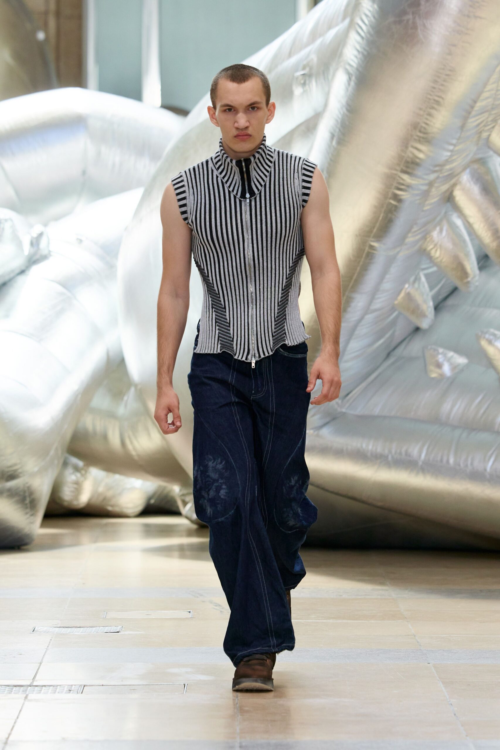 striped sleeveless top with denim pants