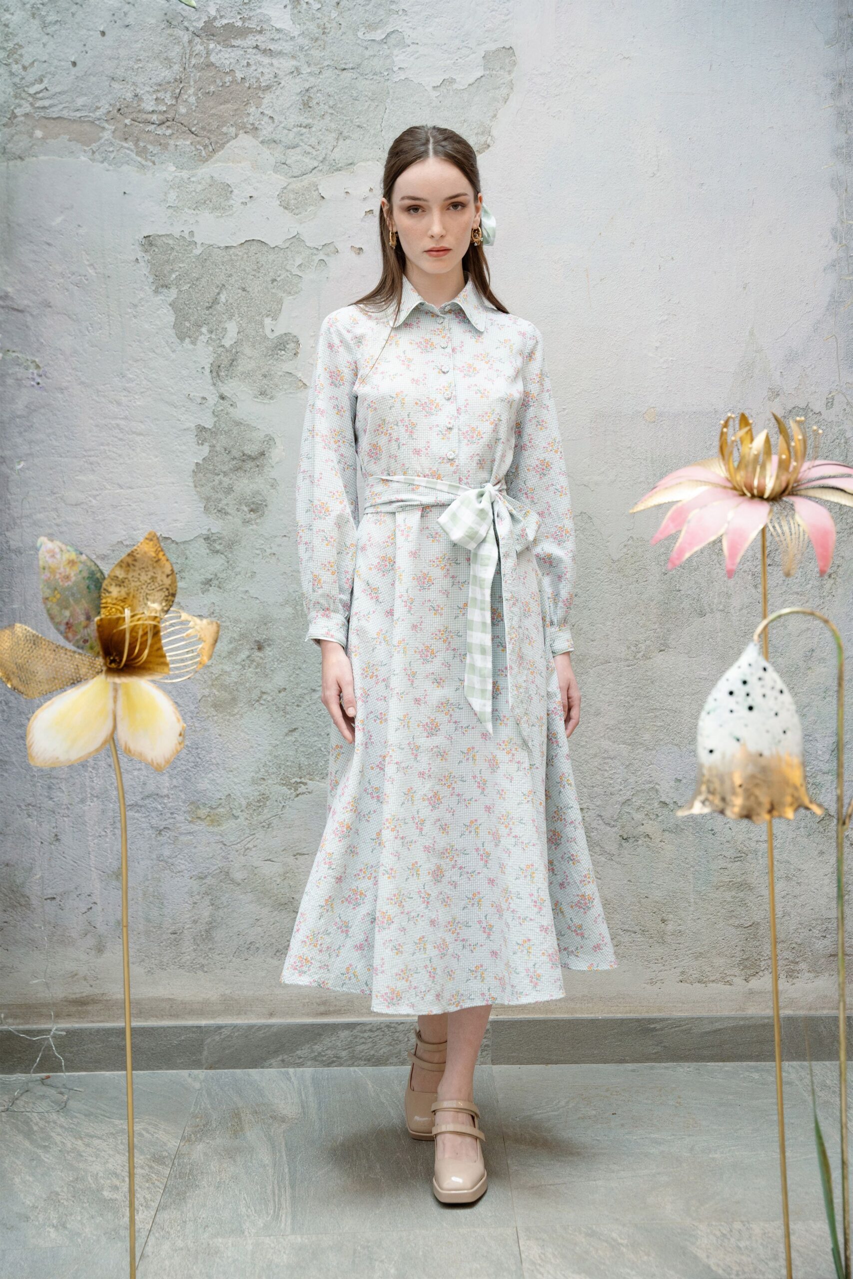 white cotton long-sleeve collared fitted floral belted dress