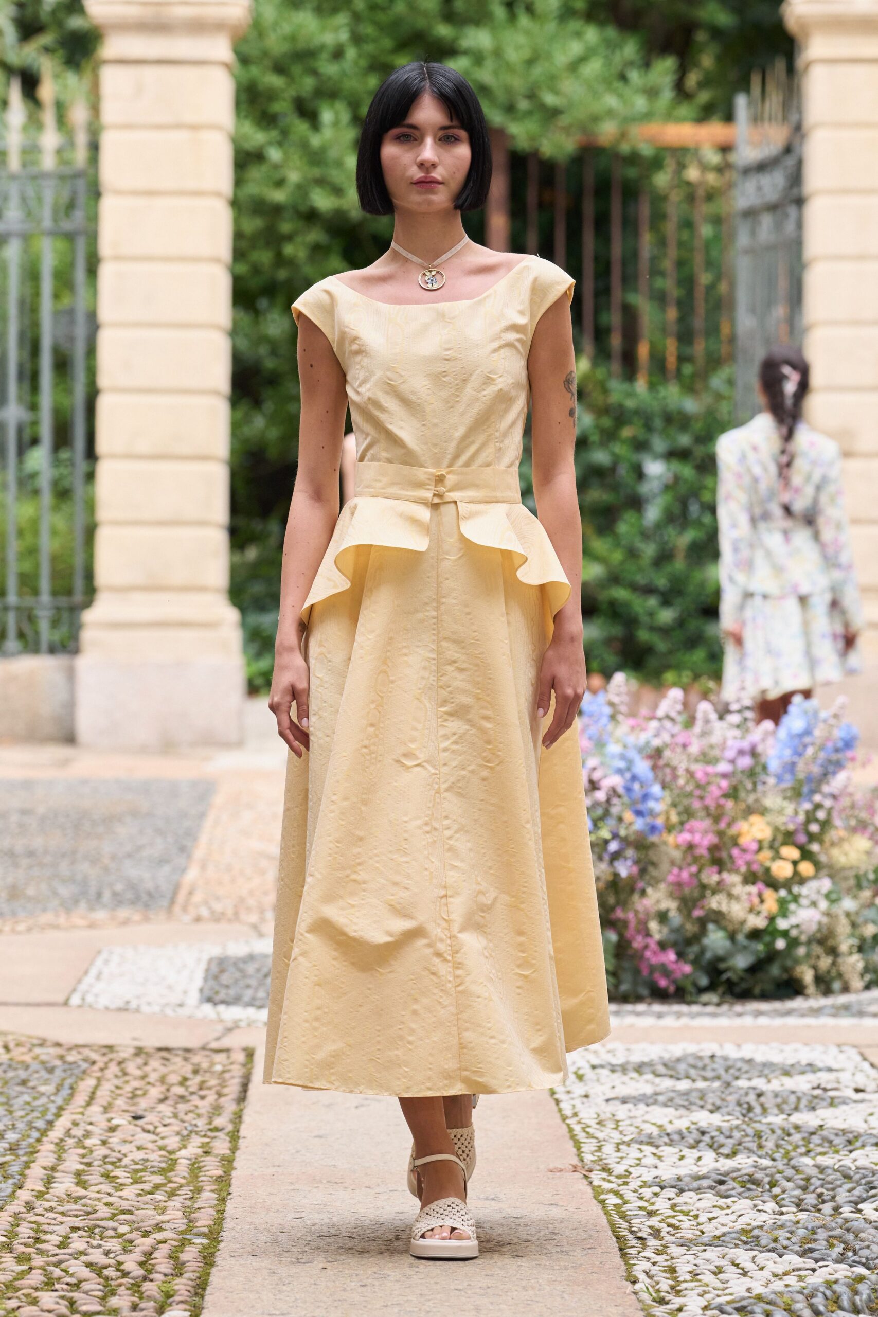 yellow cotton sleeveless v-neck fitted pleated tiered dress