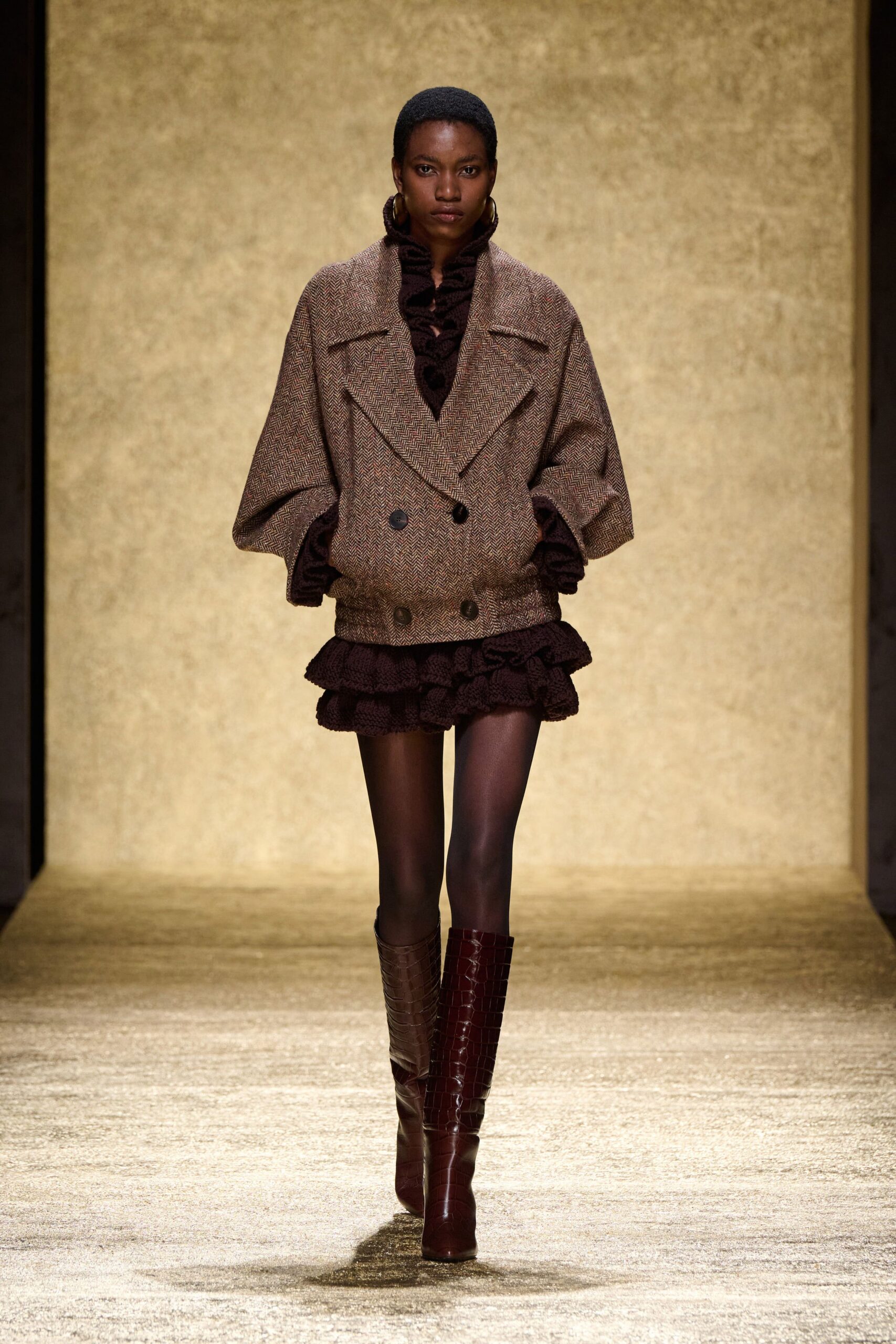 oversized brown wool jacket with mini skirt