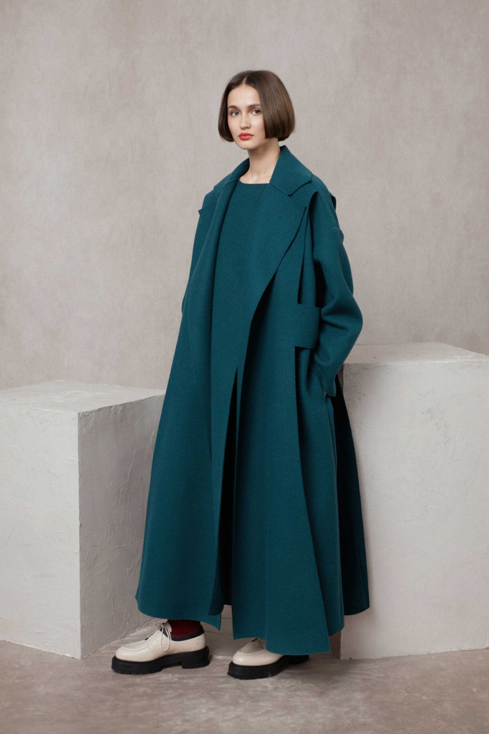 teal wool long-sleeve collared oversized draped maxi coat