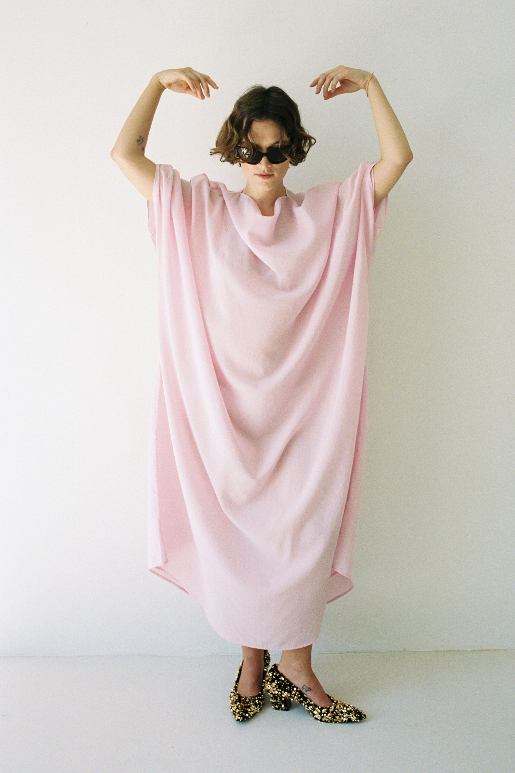 pink cotton sleeveless high-neck relaxed draped midi dress
