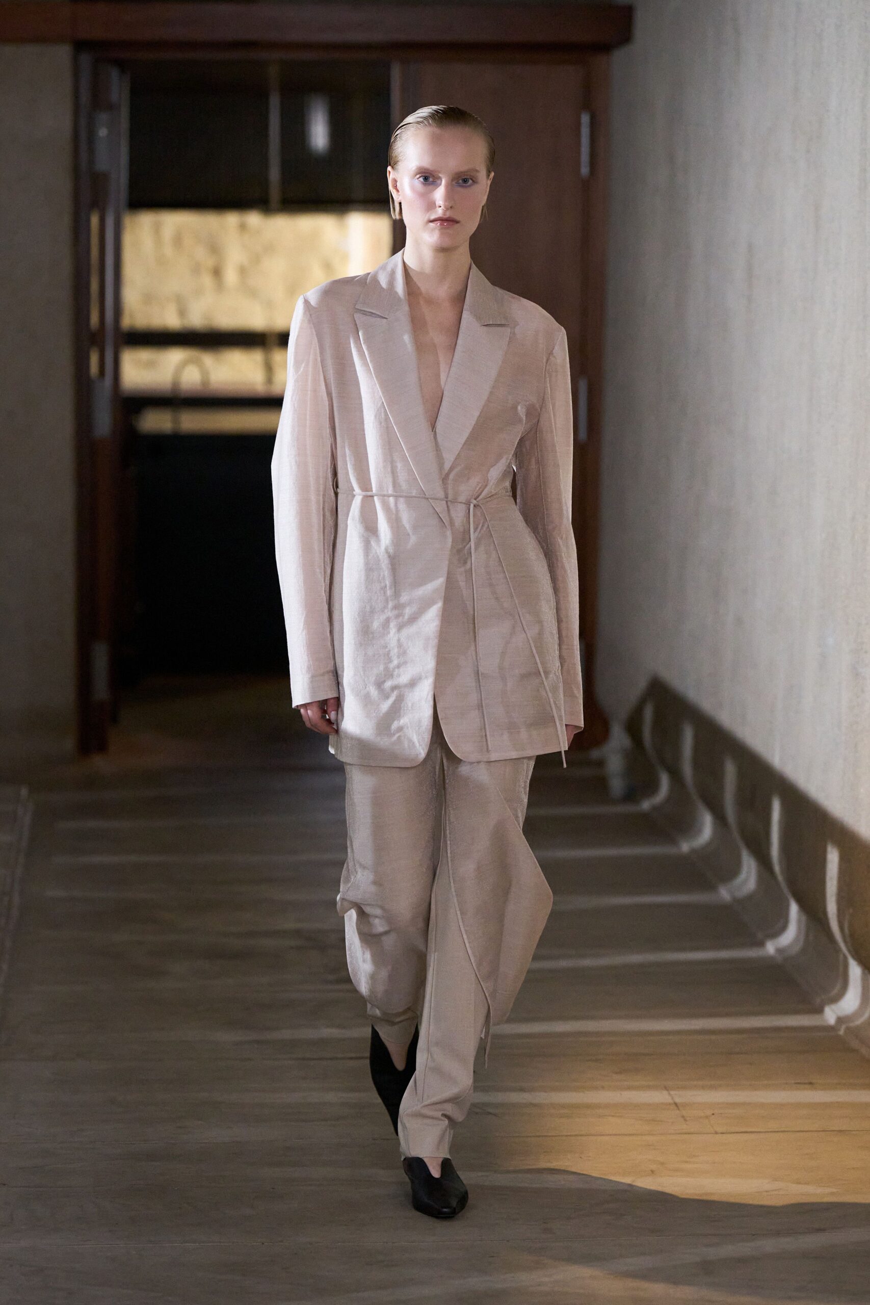beige tailored blazer and pants