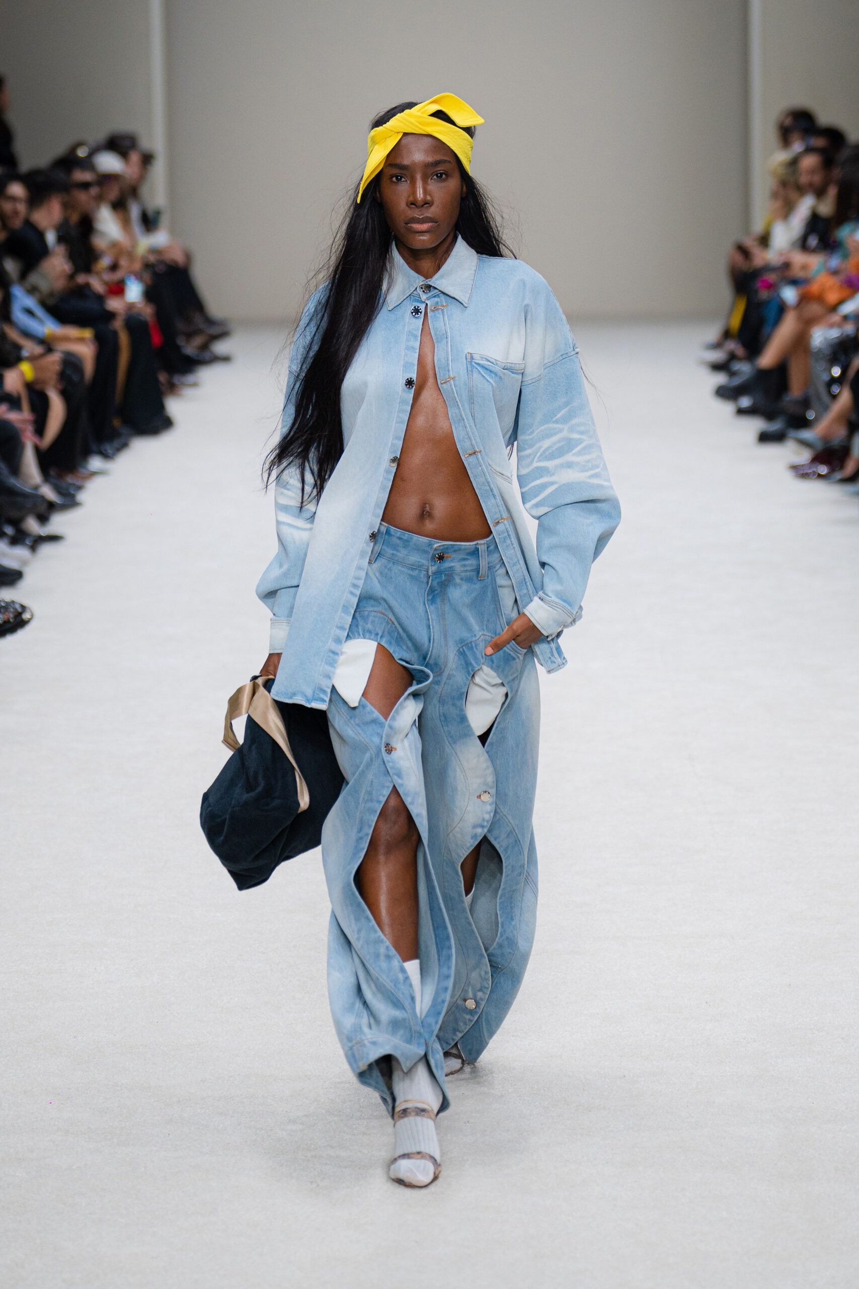 blue denim asymmetric slit fitted fringed skirt