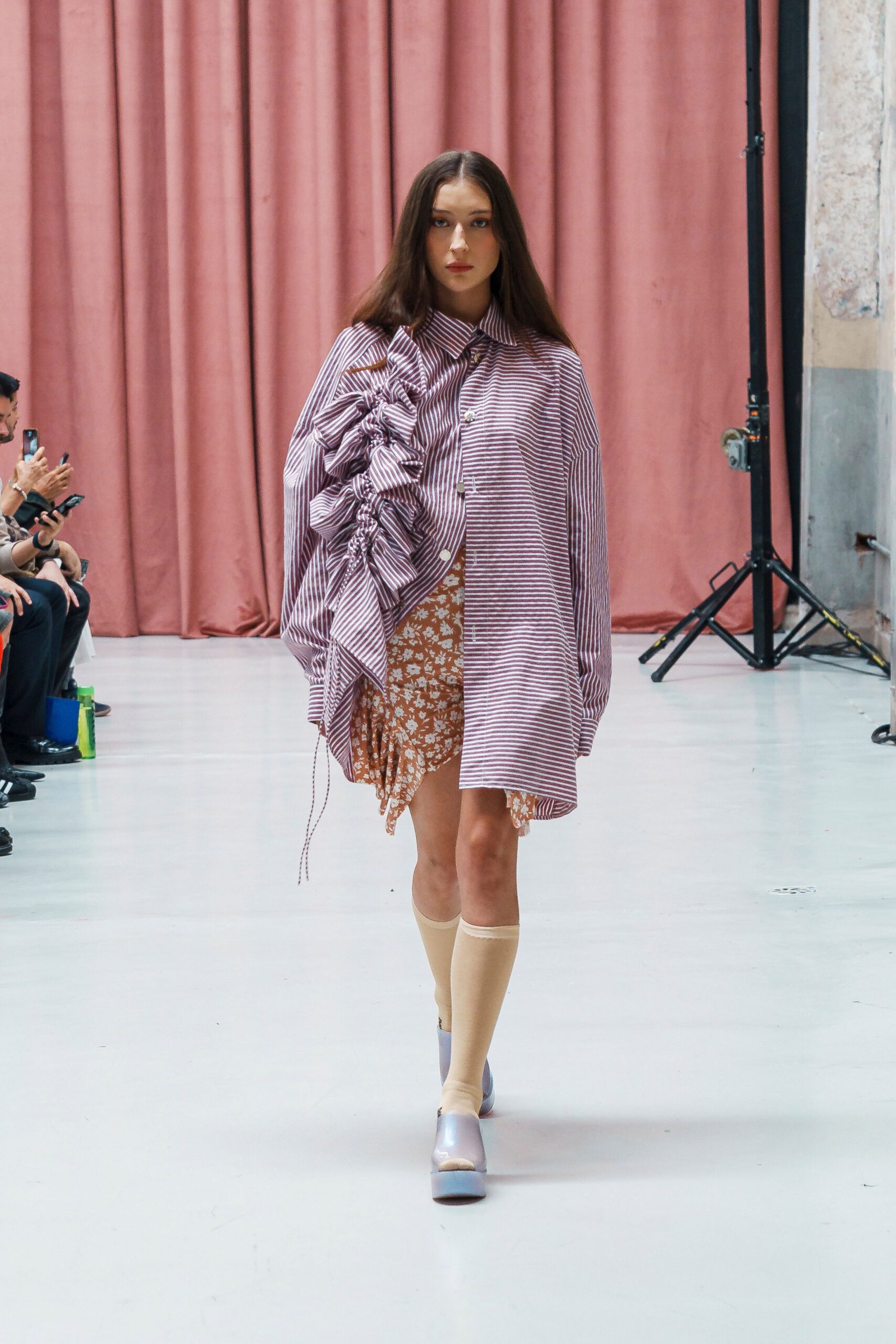 purple cotton long-sleeve collared oversized striped ruffled shirt