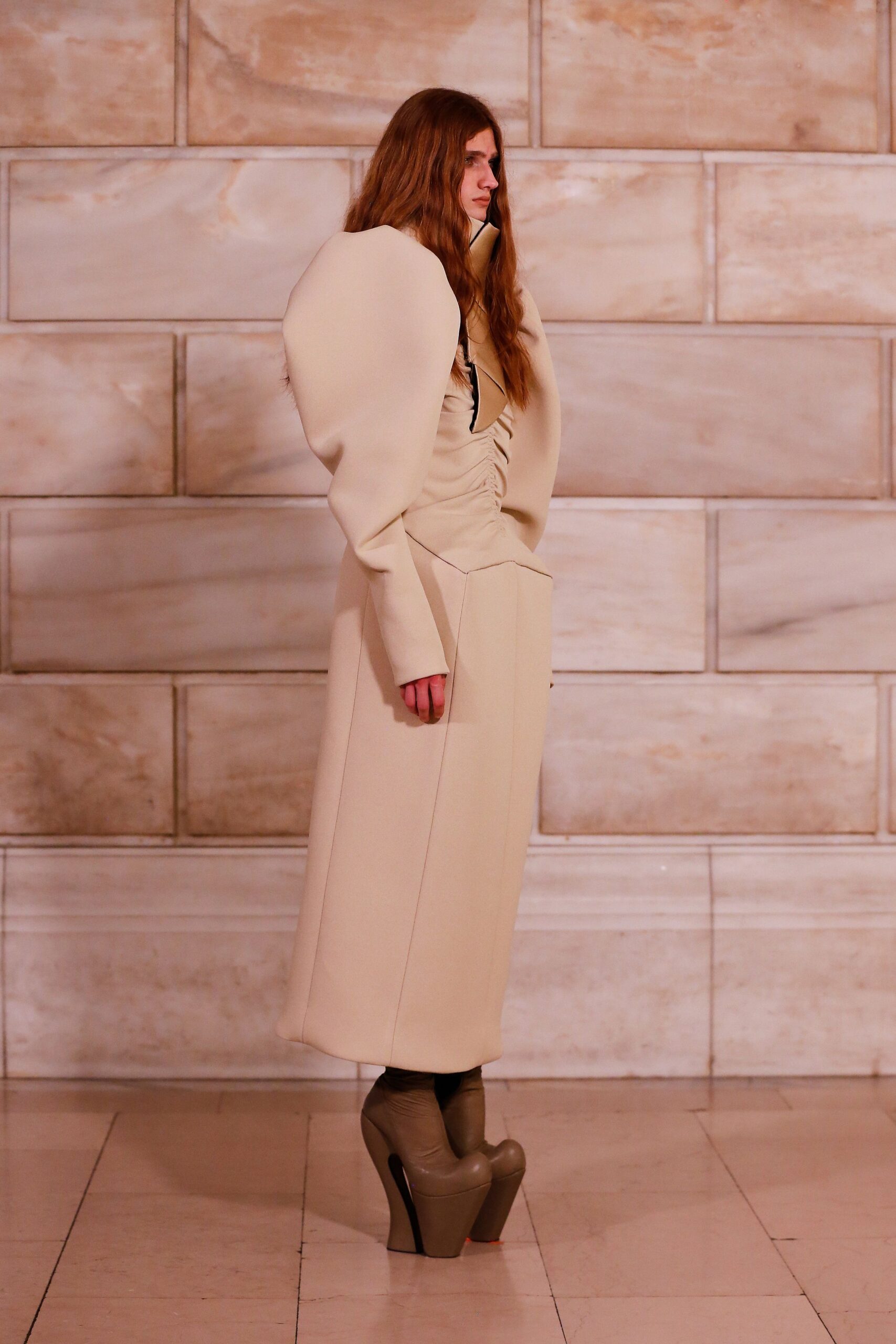 beige wool long-sleeve v-neck fitted pleated midi dress