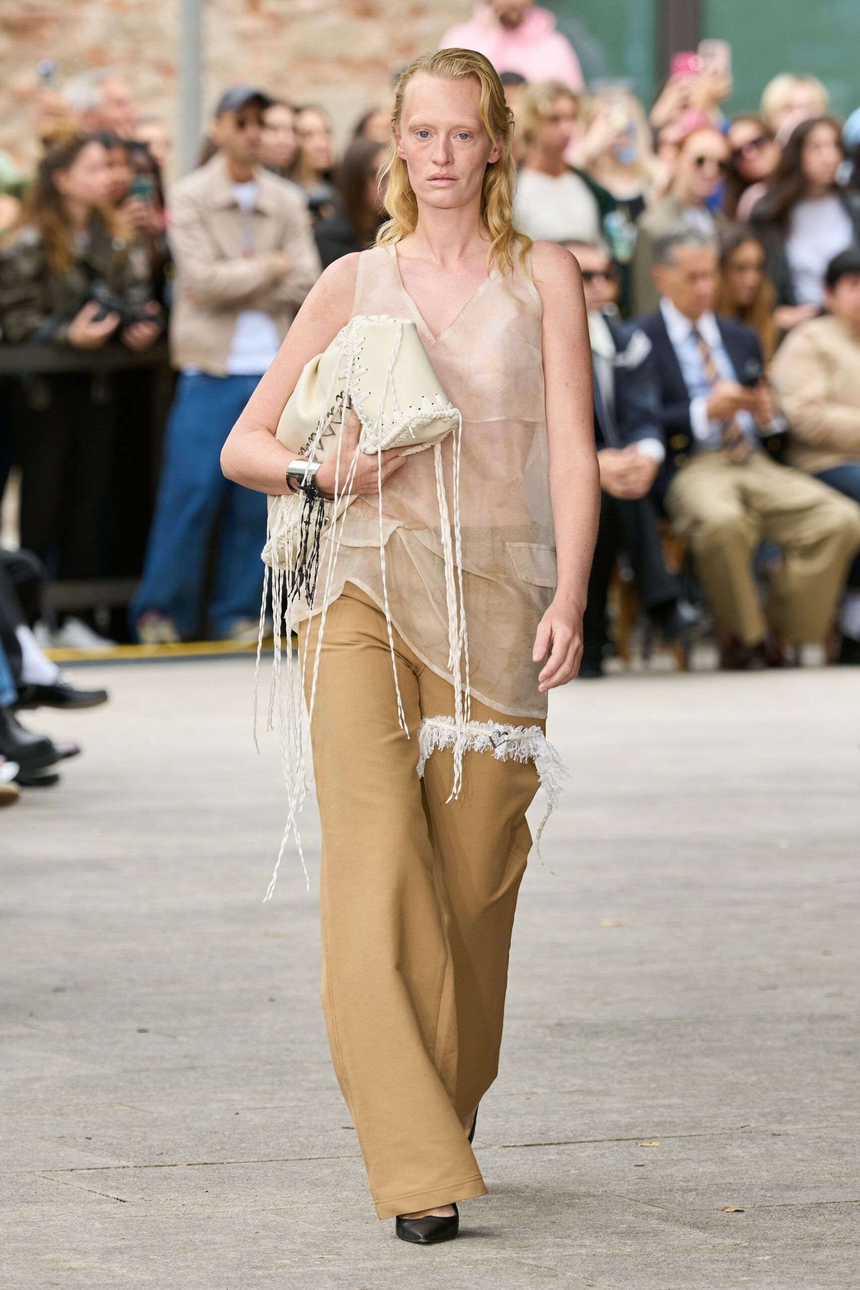 beige silk sleeveless v-neck relaxed fringed sheer top
