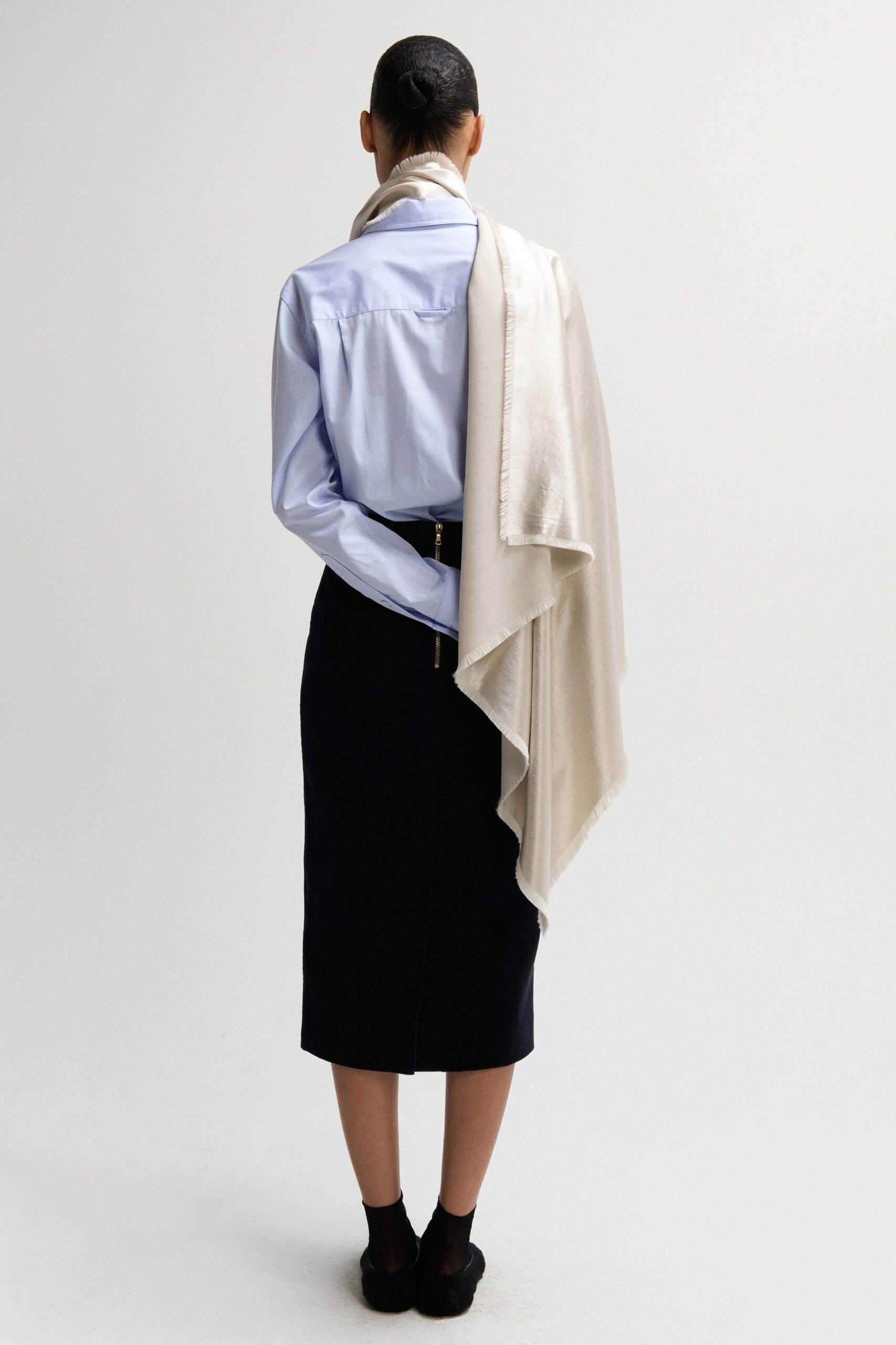 blue fitted shirt black pencil skirt