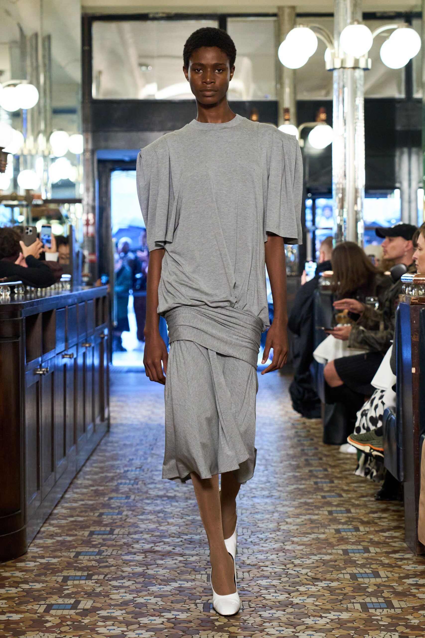 gray cotton short-sleeve scoop-neck relaxed draped layered dress