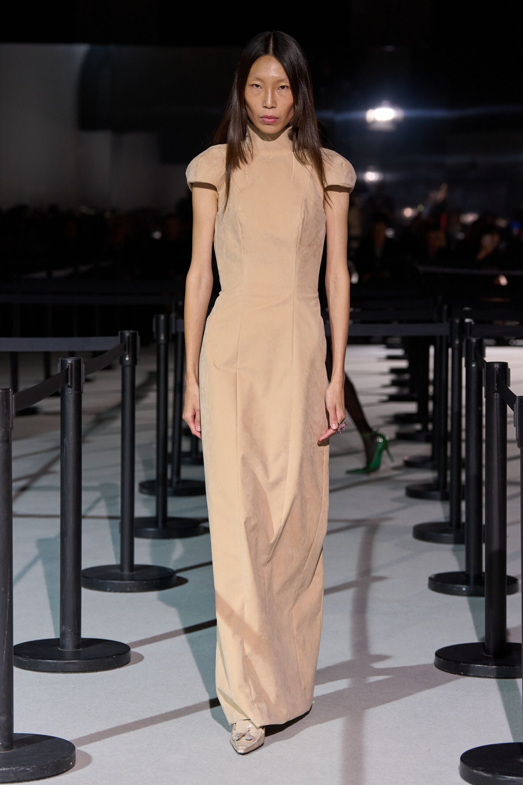 beige silk sleeveless high-neck fitted straight-leg maxi gown